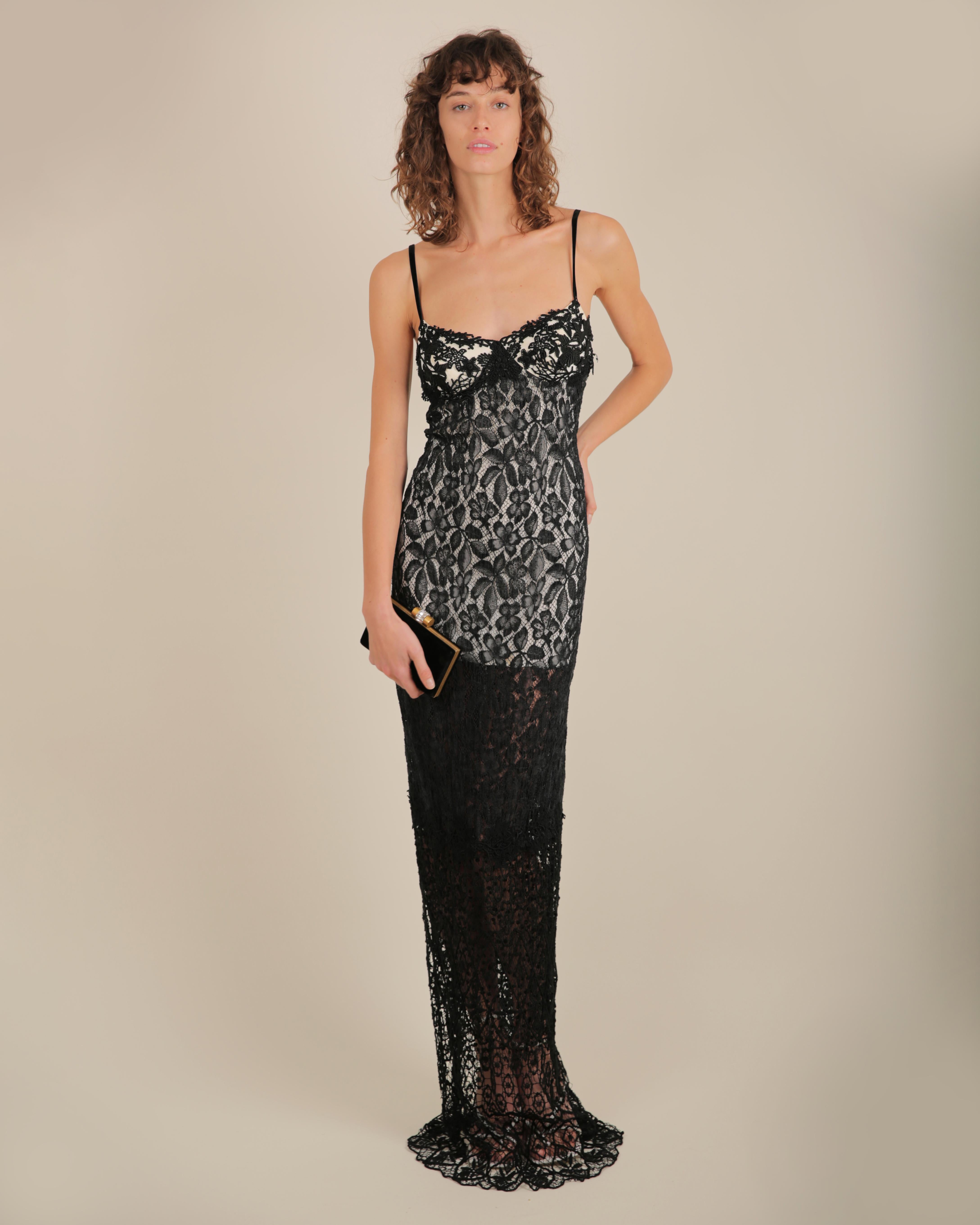 Lolita Lempicka FW 1995 Black white sheer crochet lace overlay bustier dress 40 In Good Condition For Sale In Milano, Lombardia