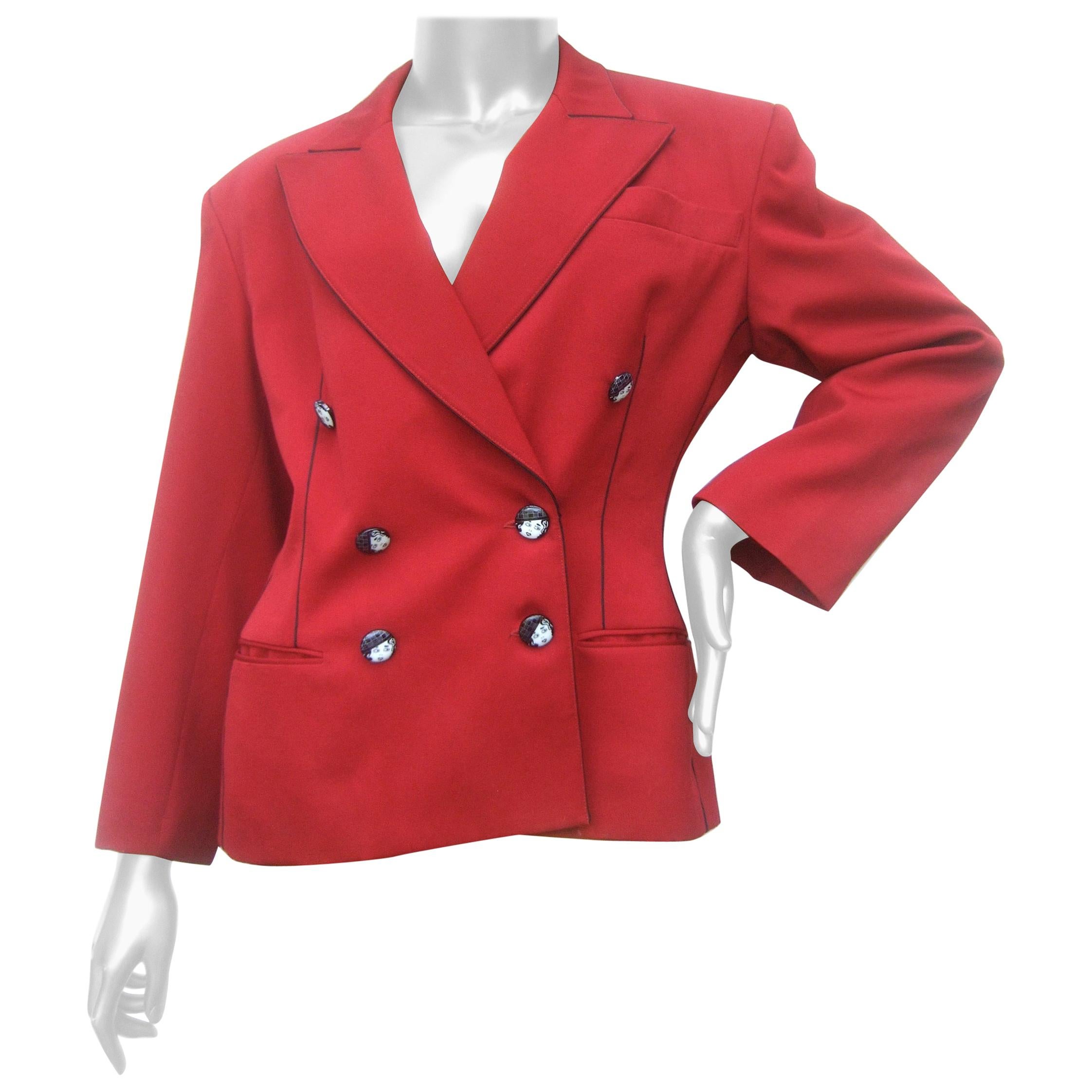 Lolita Lempicka Paris Red Wool Face Button Double-Breasted Blazer c 1980s For Sale