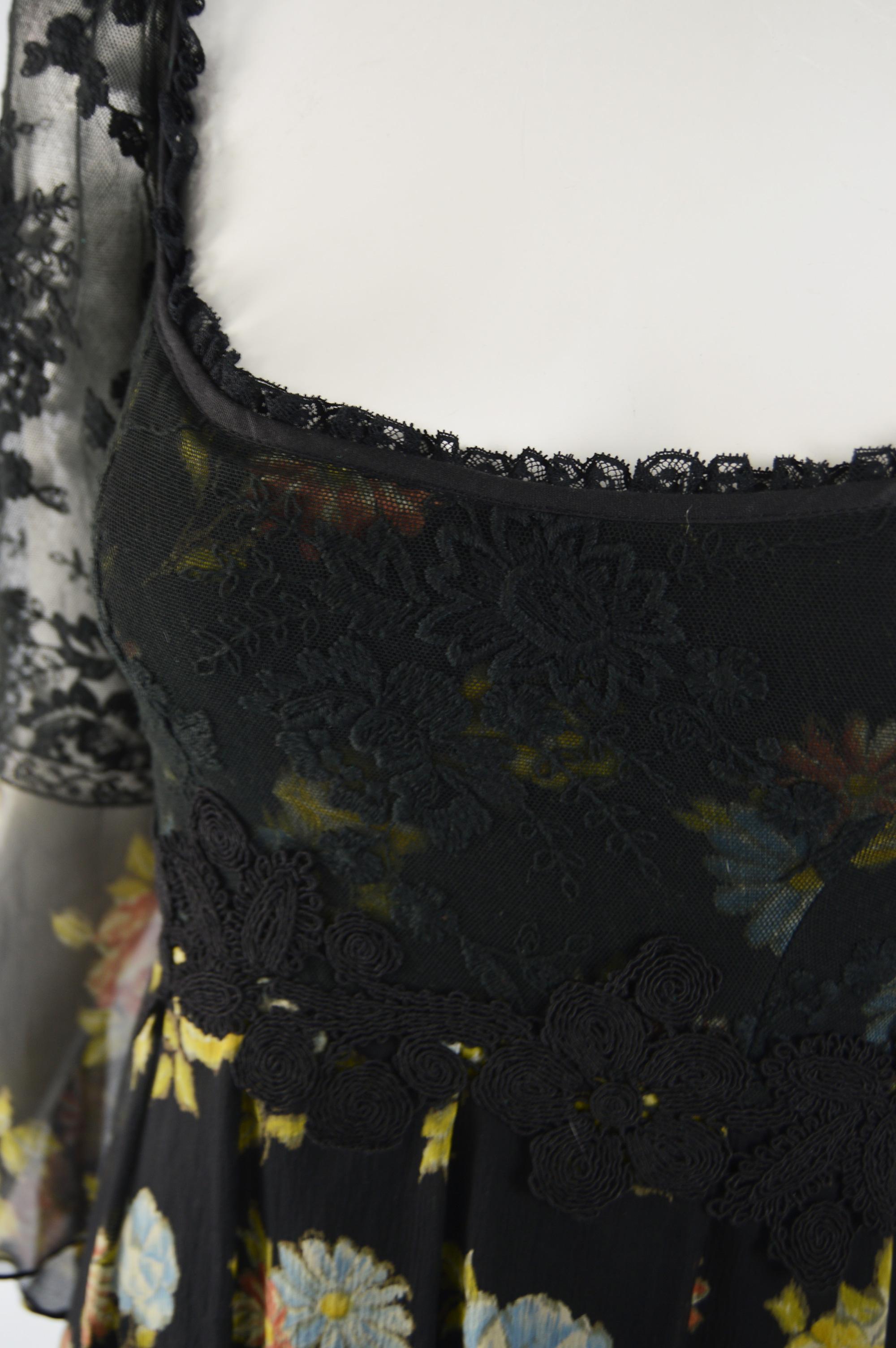 Black Lolita Lempicka Vintage Floral Lace & Silk Chiffon Dress For Sale