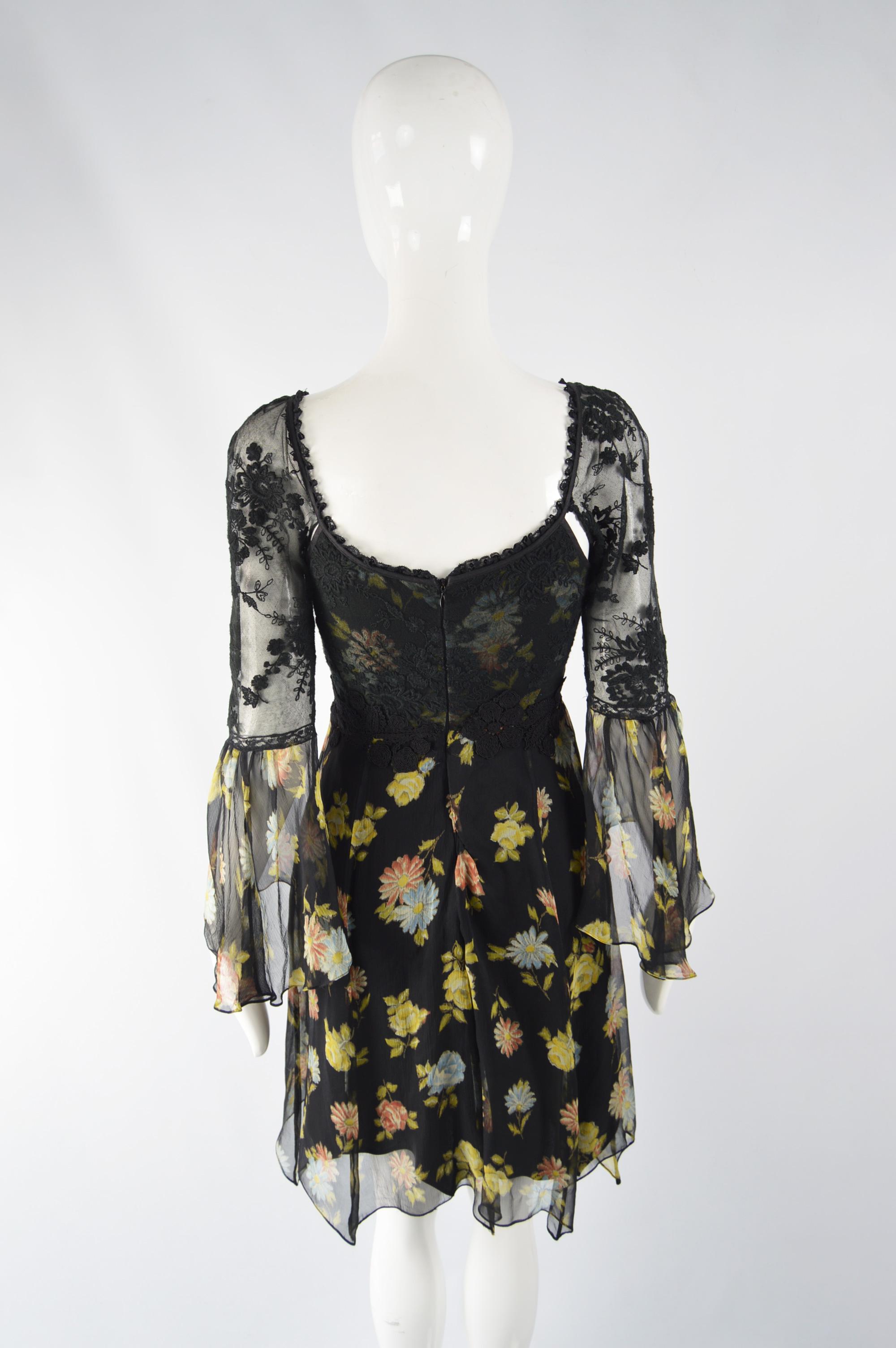 Lolita Lempicka Vintage Floral Lace & Silk Chiffon Dress In Good Condition For Sale In Doncaster, South Yorkshire