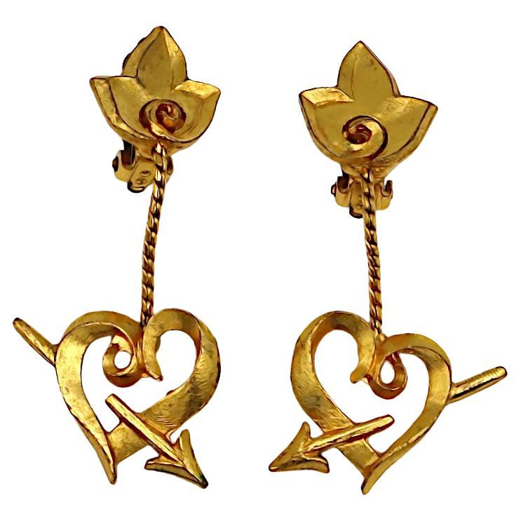 LOLITA LEMPICKA Vintage Gold Tone Pierced Heart Dangle Earrings For Sale