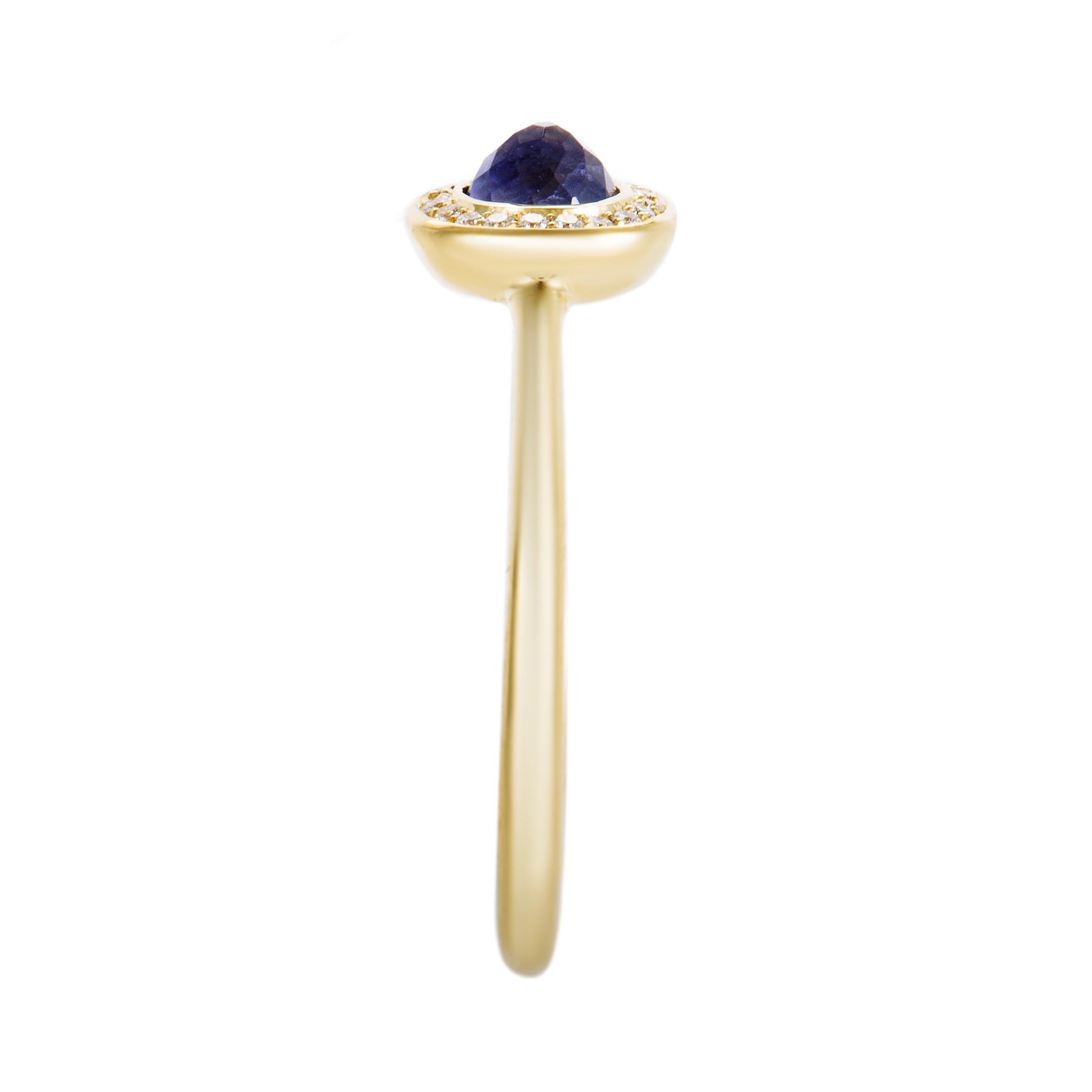 Lollipop 18 Karat Yellow Gold Diamond and Iolite Mini Round Ring In Excellent Condition In Southampton, PA