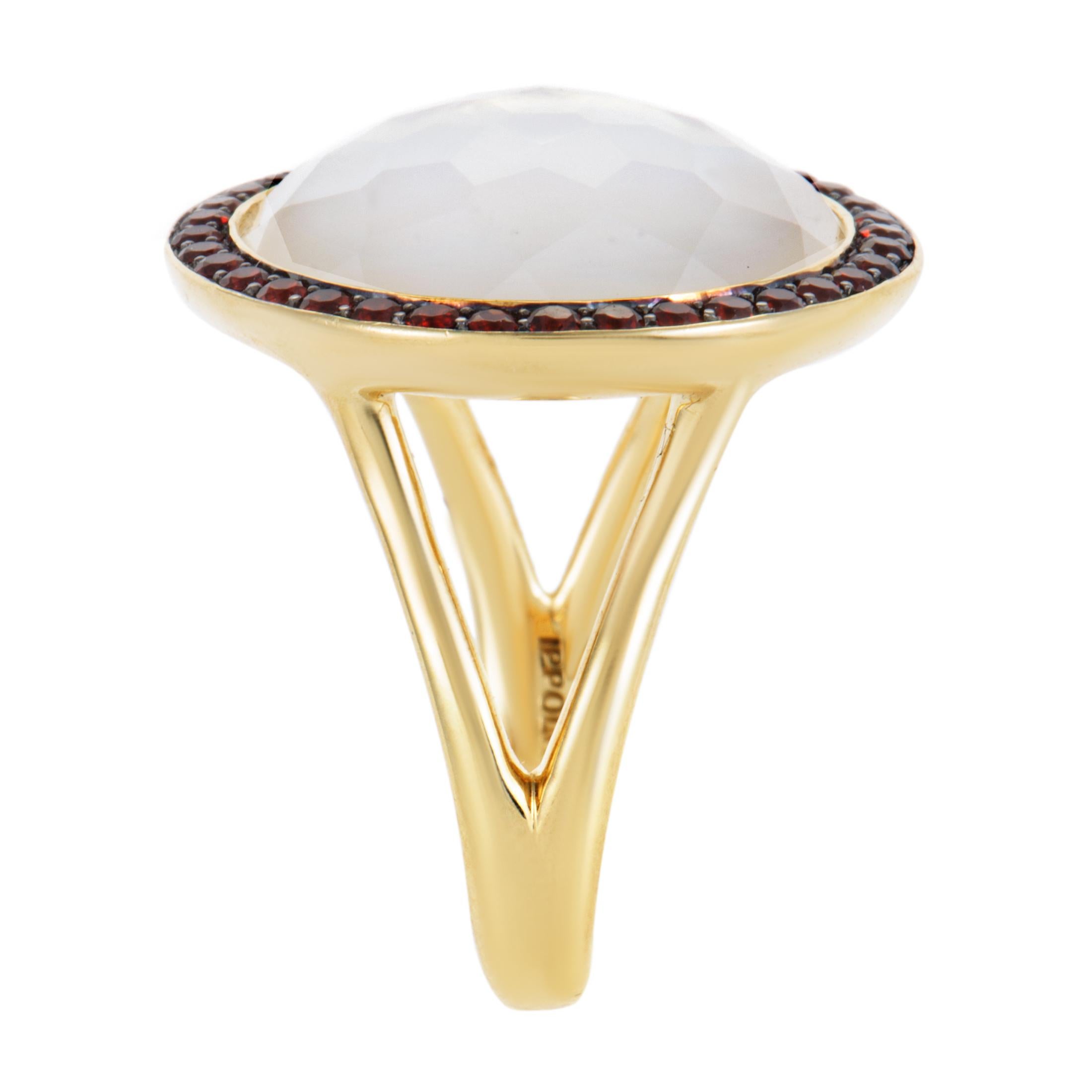 Lollipop 18 Karat Yellow Gold Garnet Quartz and Mother of Pearl Ring In Excellent Condition In Southampton, PA