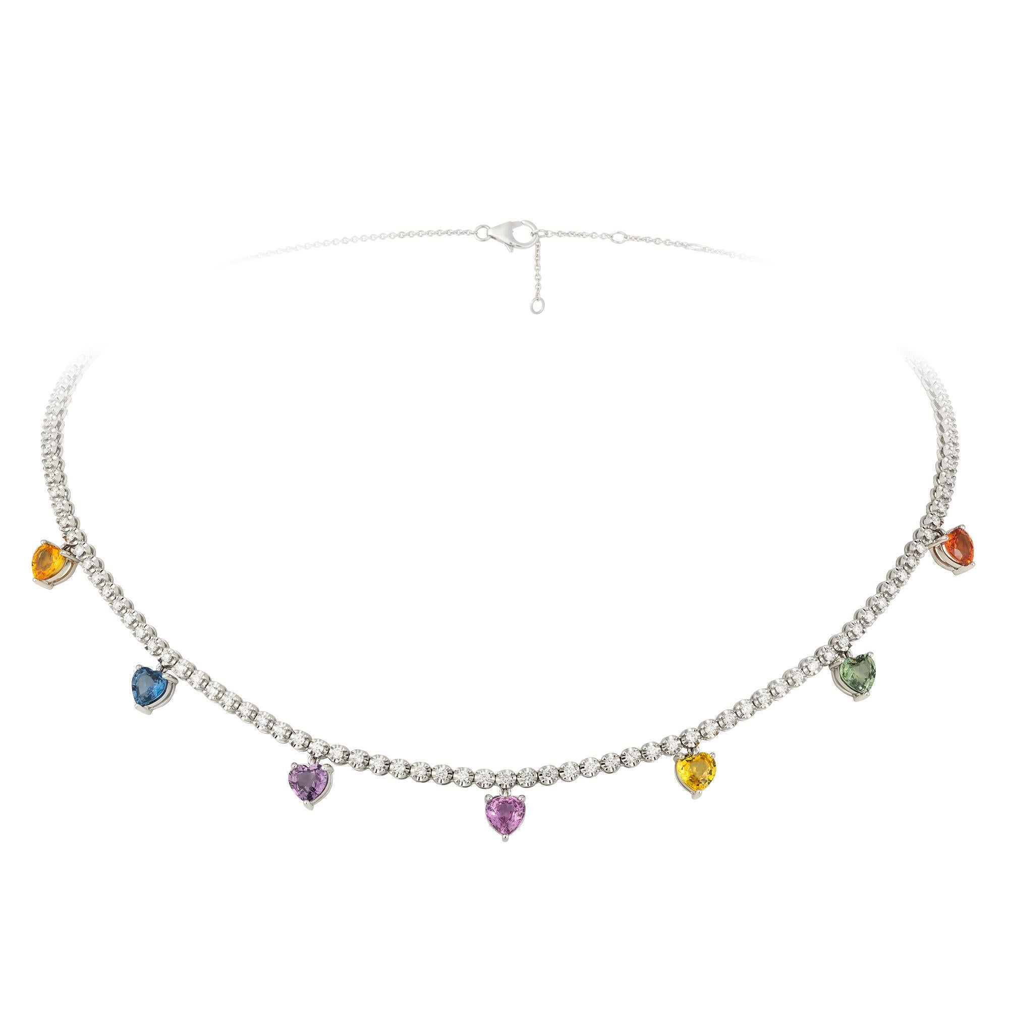 NECKLACE 18K White Gold 
Diamond 1.25 Cts/91 Pcs 
Multi Sapphire 3.65 Cts/7 Pcs

With a heritage of ancient fine Swiss jewelry traditions, NATKINA is a Geneva based jewellery brand, which creates modern jewellery masterpieces suitable for every day