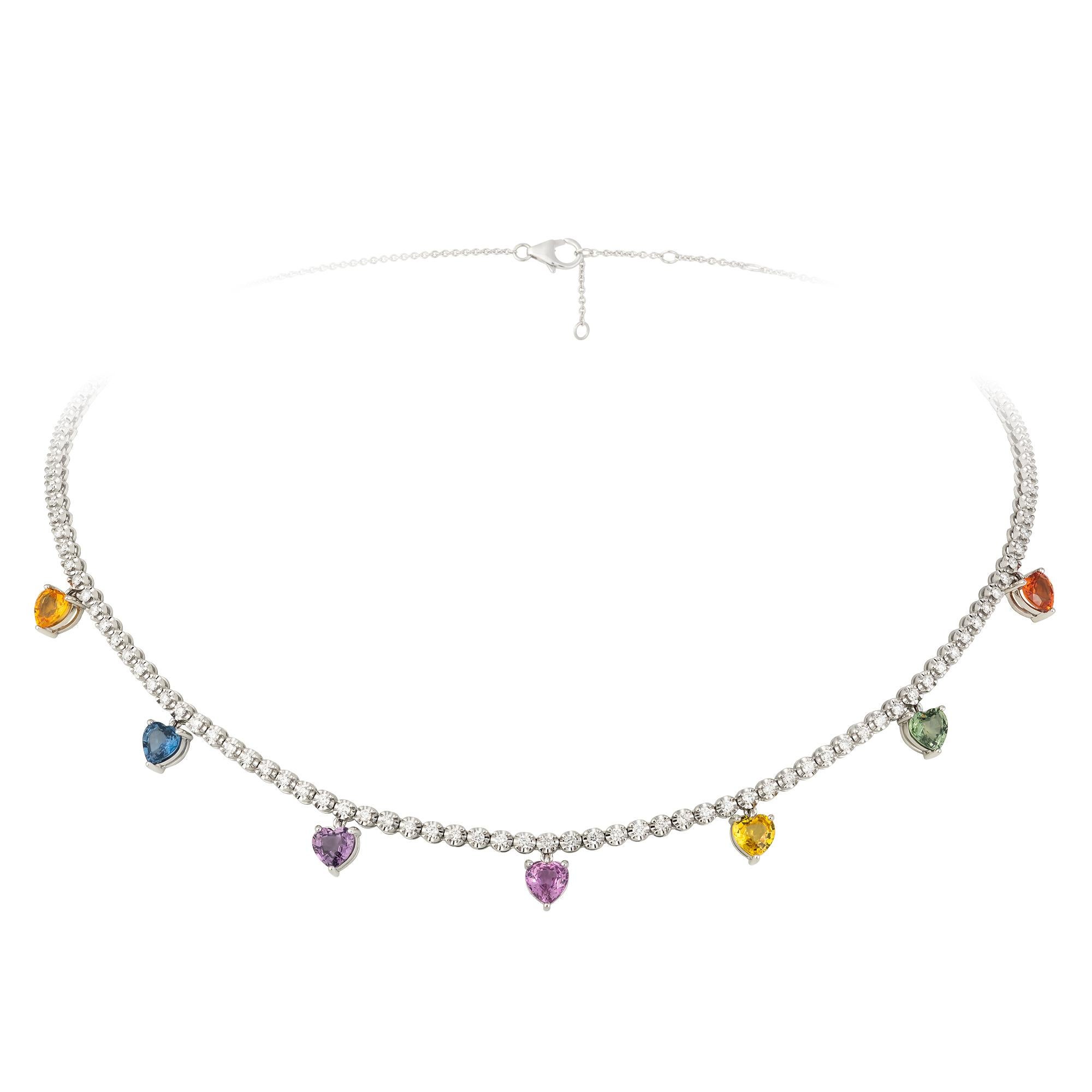 Taille coussin antique Lollipop Collier en or blanc 18 carats avec saphirs multicolores et diamants pour elle en vente