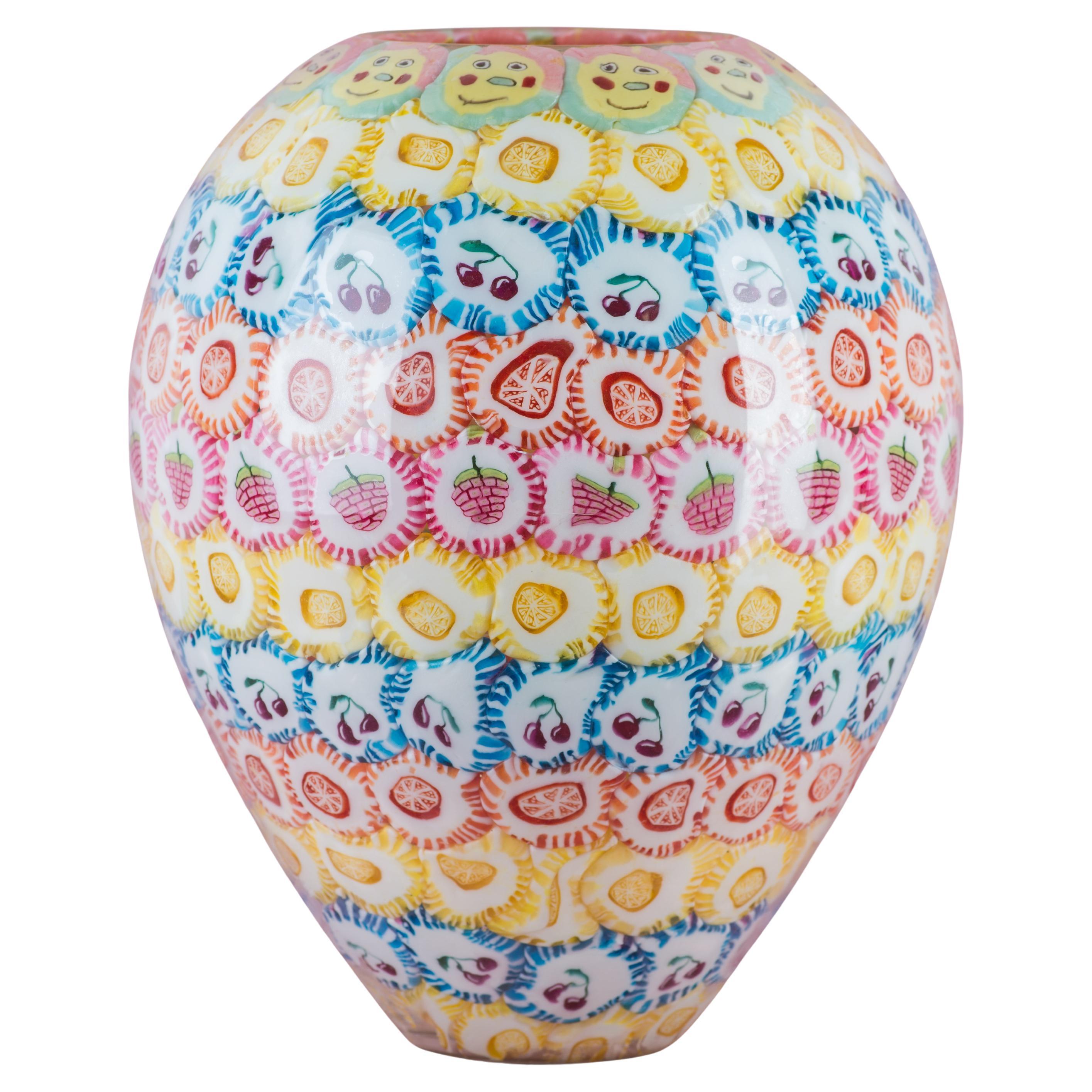 Vaso lecca-lecca, vetro sperimentale soffiato a mano, lecca-lecca, multicolore