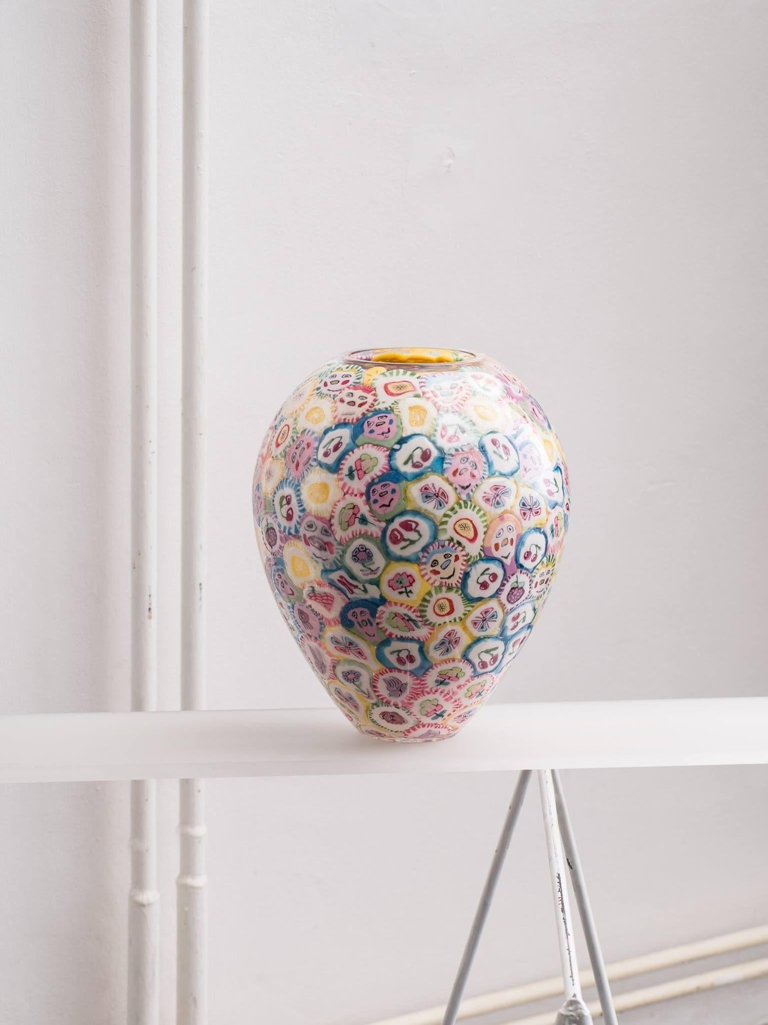 Lollipop vases are the most iconic art-pieces by Anna Jozova. It's a humorous reaction to expensive and demanding technique of Murano glass. Lollipops are glued from inside of the handblown crystal shape and later protected by clear material. All of