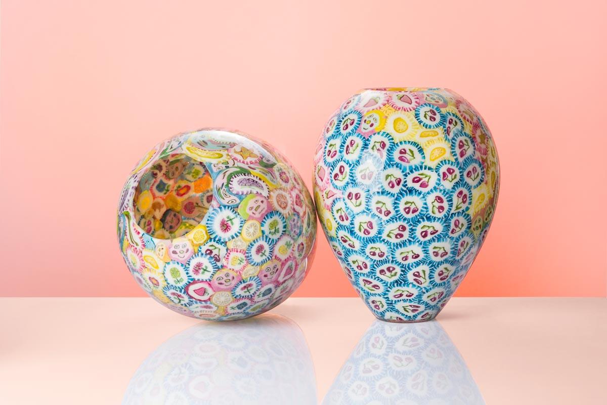Jarrón piruleta, vidrio experimental soplado a mano, piruletas, multicolor Checo en venta