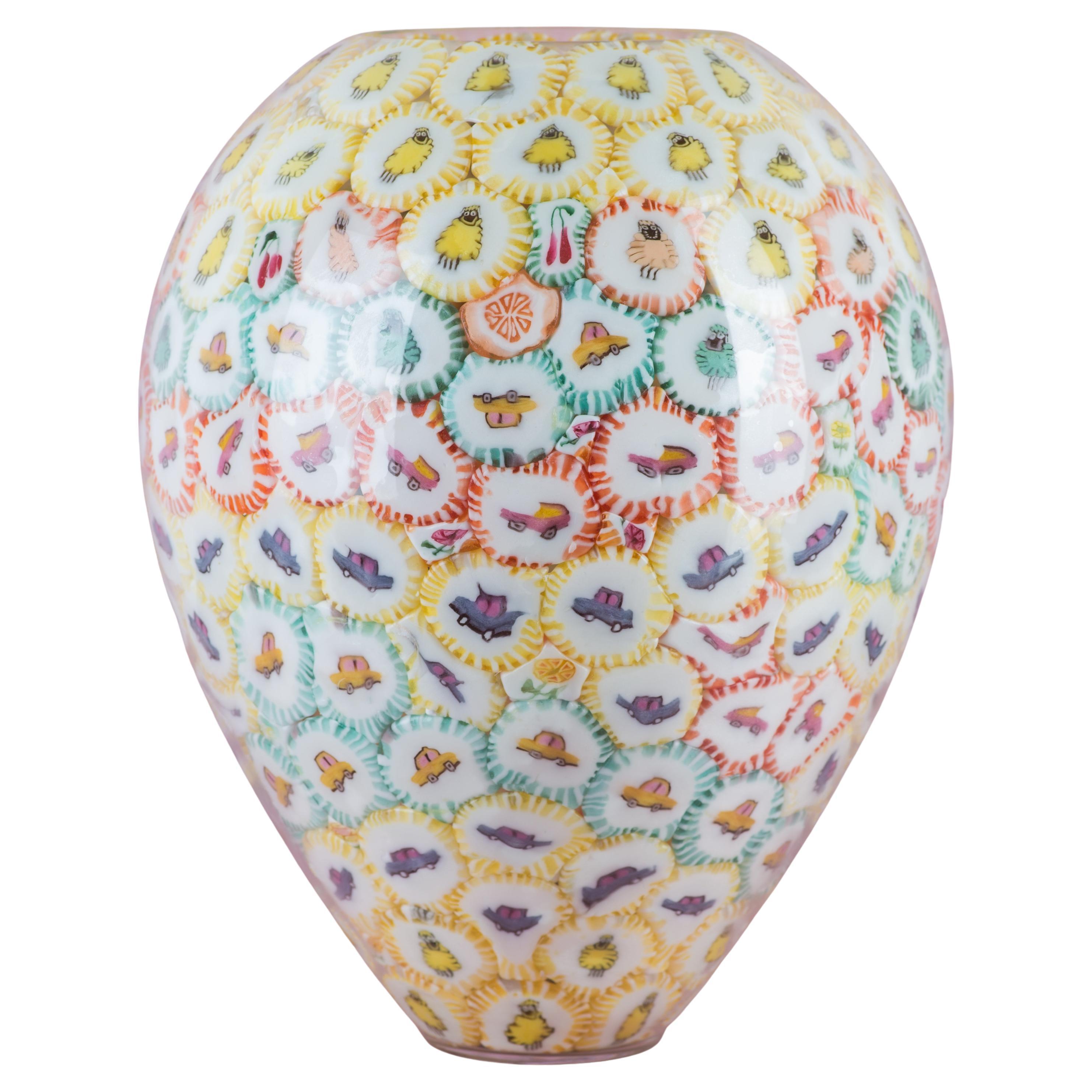 Jarrón piruleta, vidrio experimental soplado a mano, piruletas, multicolor