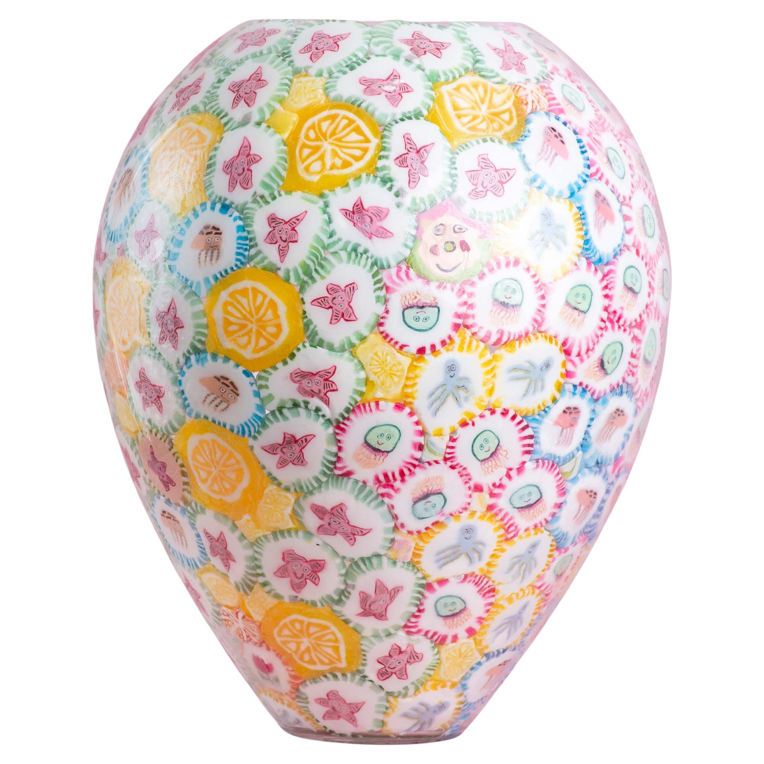 Vaso lecca-lecca, vetro sperimentale soffiato a mano, lecca-lecca, multicolore