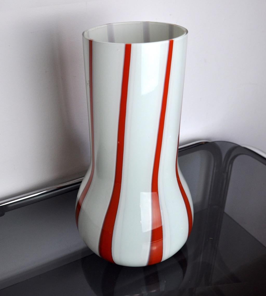 Italian Lollipop Vase, Red and White, Murano Glass, Italy, 1960 For Sale