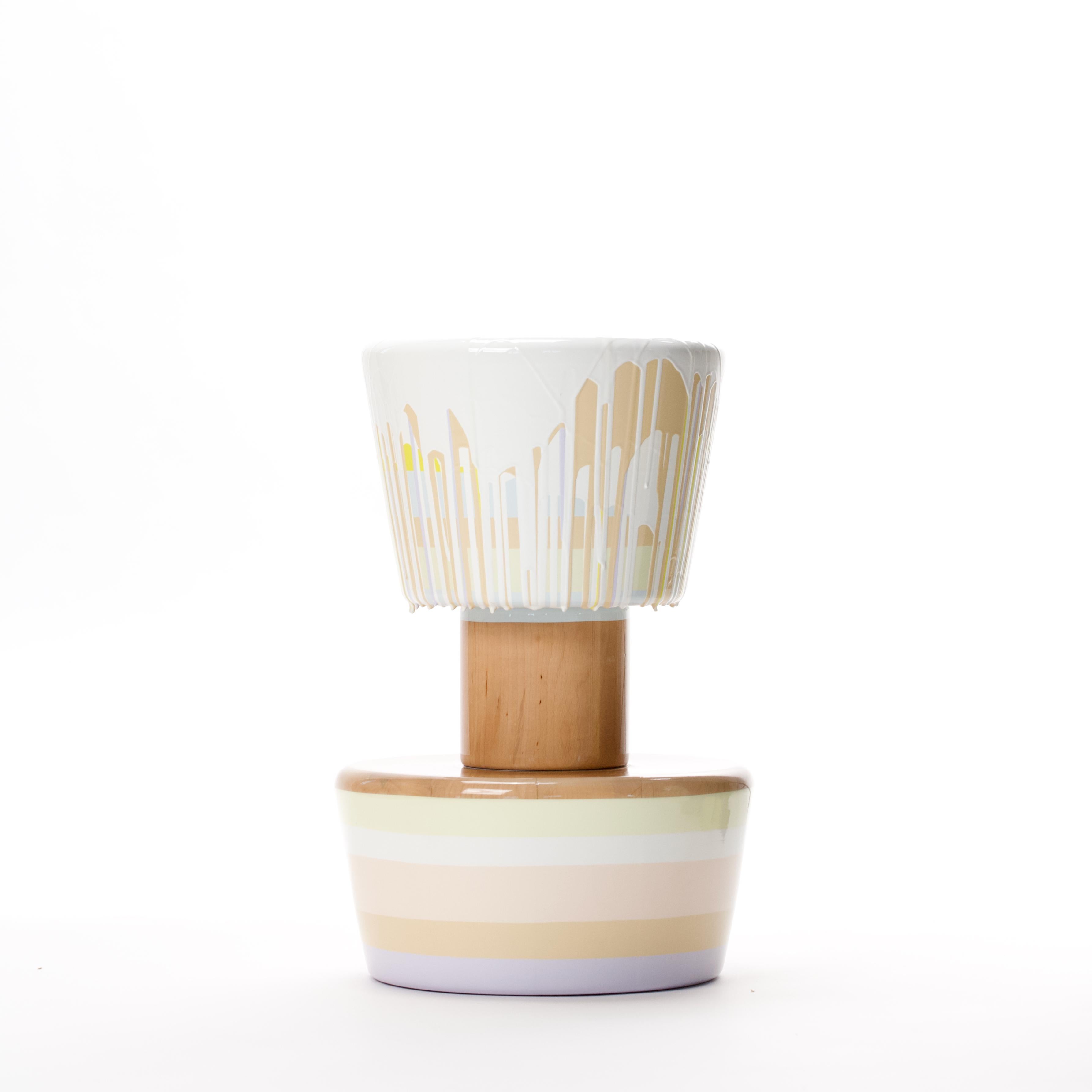 LOLO is a family of objects, stools or side tables all of which are alike, yet different - like you and me. An abstraction about diversification.
THIS LOLO is a special edition and originally a part of a larger installation
where dining table HAPPY