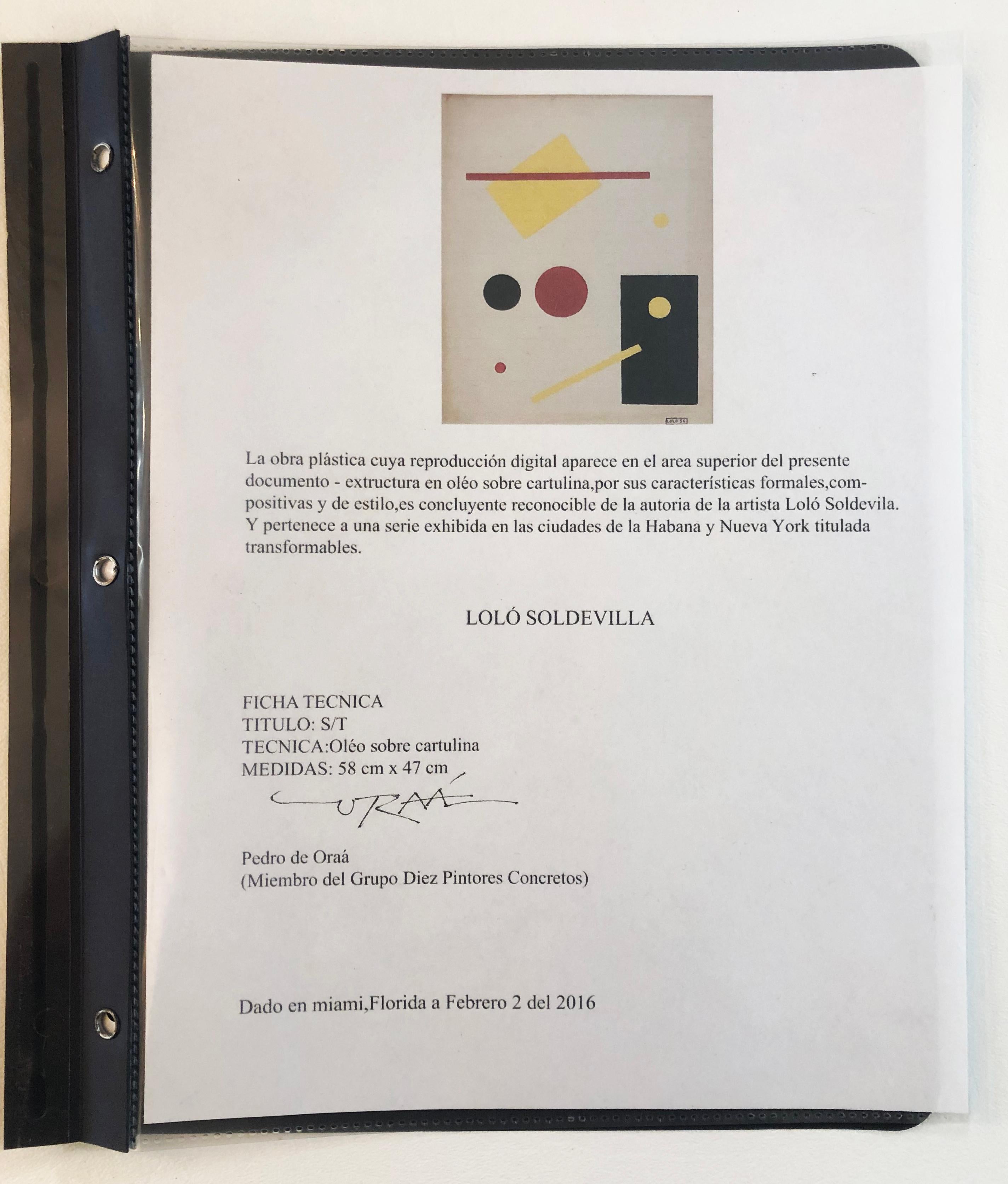 Lolo 'Dolores' Soldevilla Cuban Geometric Oil Painting, Signed & Dated 1956

Offered for sale is an original authenticated oil painting on board painting by Lolo Soldevilla (1901-1971) depicting abstract shapes in red, black, and yellow against a