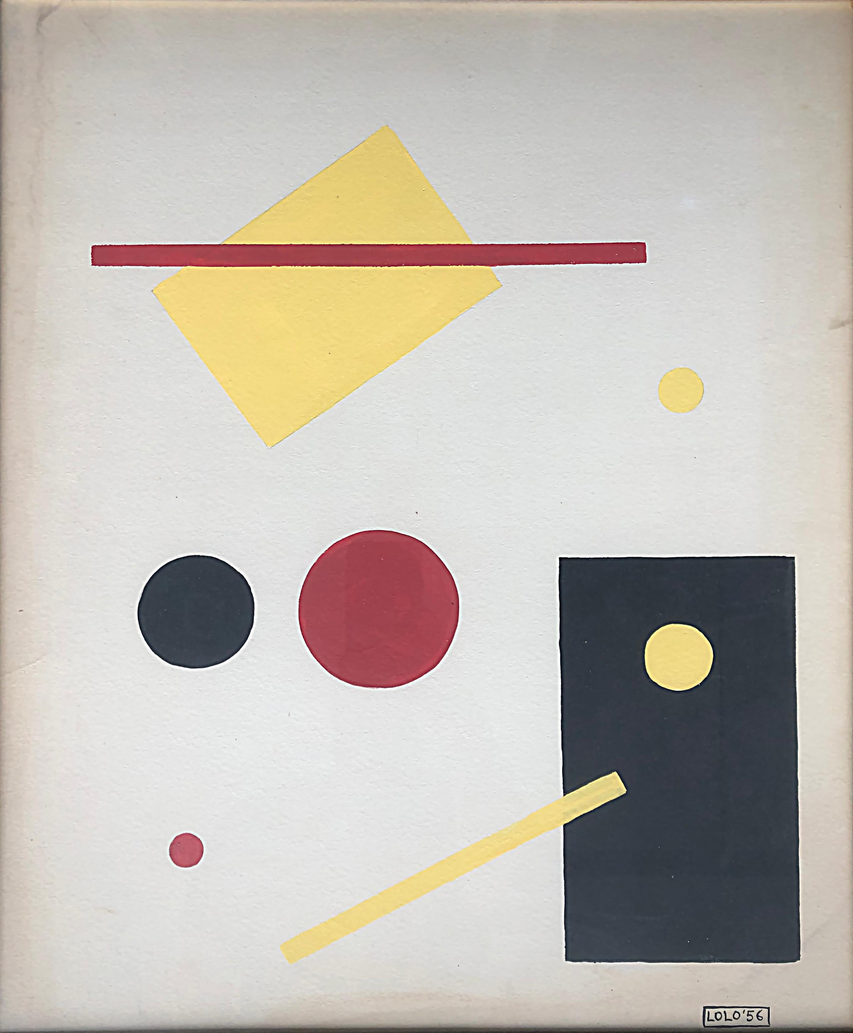 Lolo 'Dolores' Soldevilla Cuban Geometric Oil Painting, Signed & Dated 1956 In Good Condition In Miami, FL
