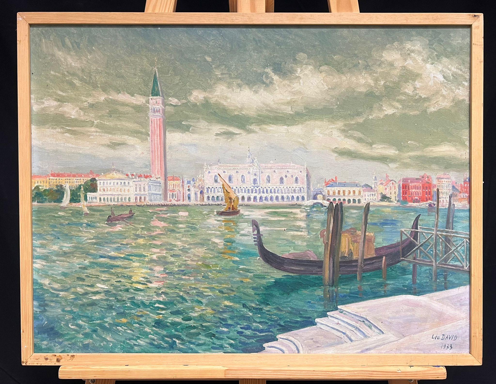 The Grand Canal Venice Beautiful Skyline Large 1930's French Oil Painting - Gray Landscape Painting by Léoma DAVID (1864-1952)