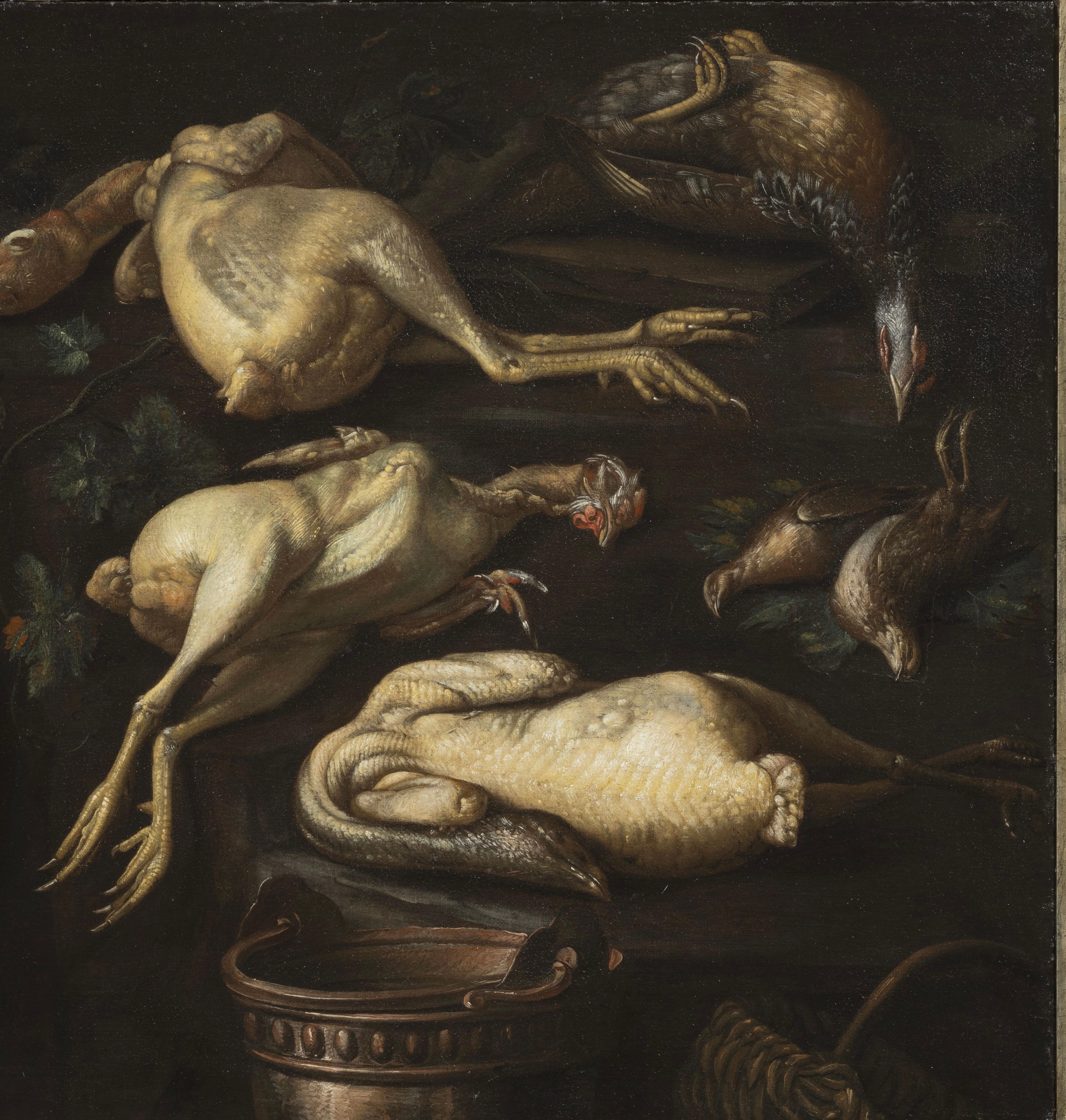 17. Jahrhundert von Lombard-Künstler Stillleben mit Vögeln und brennender Fuse Öl/Leinwand (Schwarz), Still-Life Painting, von Lombard Artist