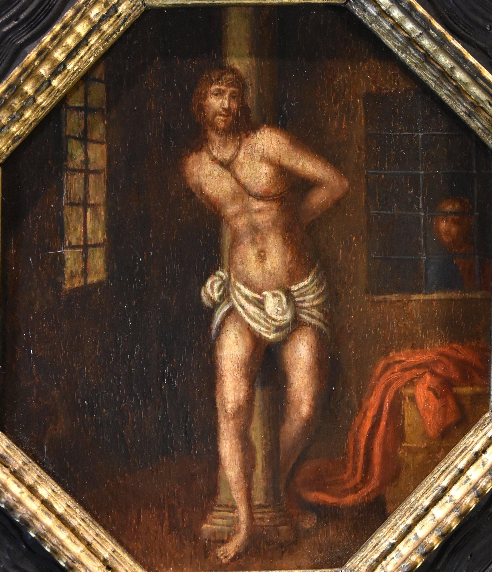 Christ Column Religious Paint 16th Century Oil on table Lombard School - Old Masters Painting by Lombard School of the 16th Century