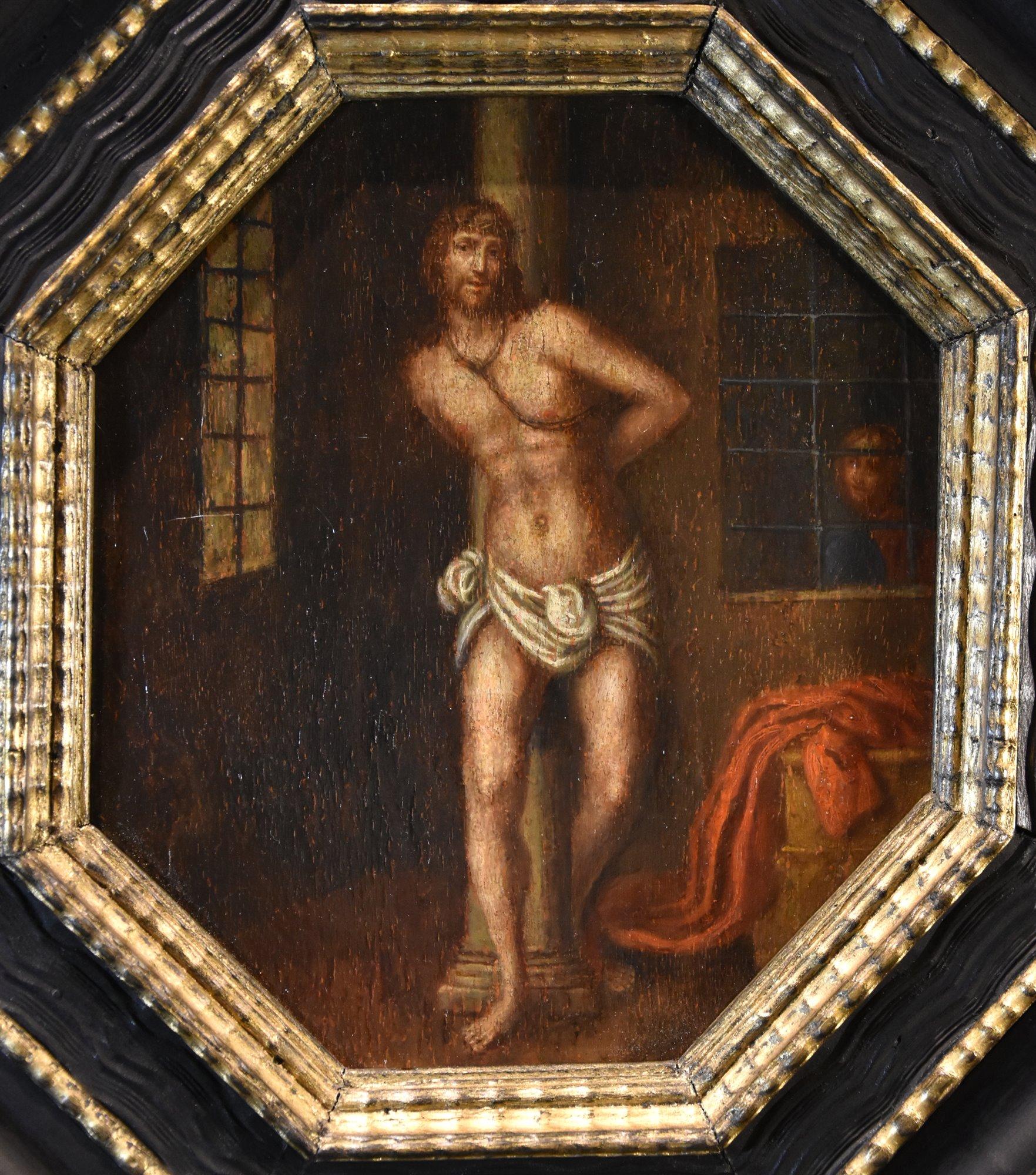 Lombard School of the 1500s 

Christ at the Column  

Oil on panel 24 x 21 cm - Framed 42 x 39 cm  

The painting, rich in pathos and strong spirituality, depicts a moment from the Passion: it is “Christ at the Column”, a recurring iconographic