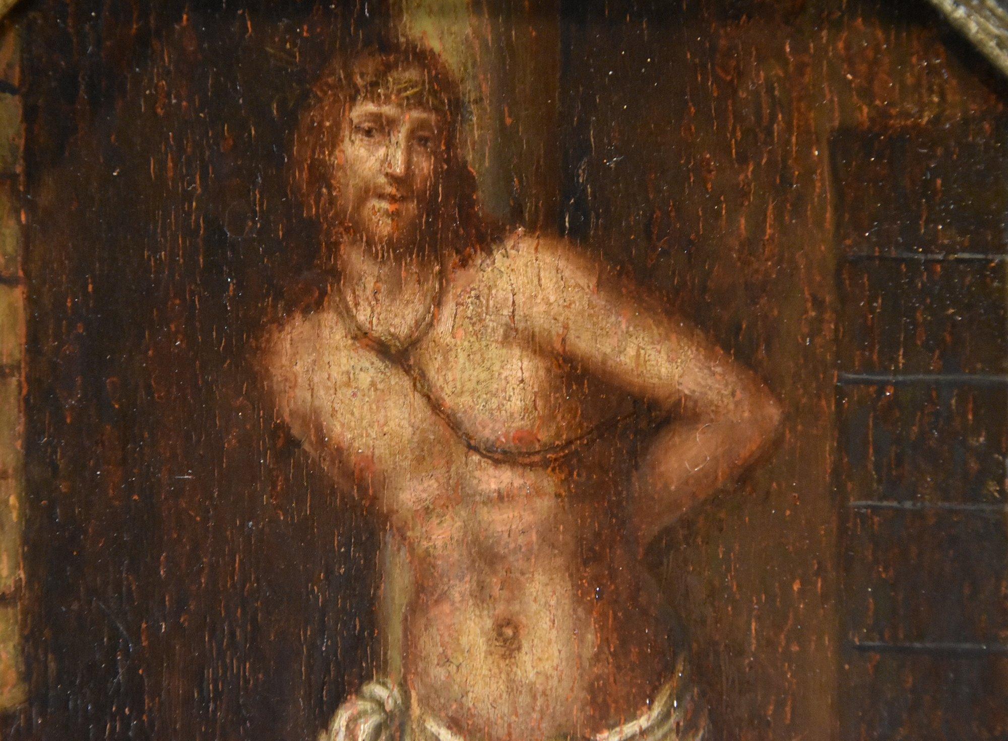 Christ Column Religious Paint 16th Century Oil on table Lombard School For Sale 6