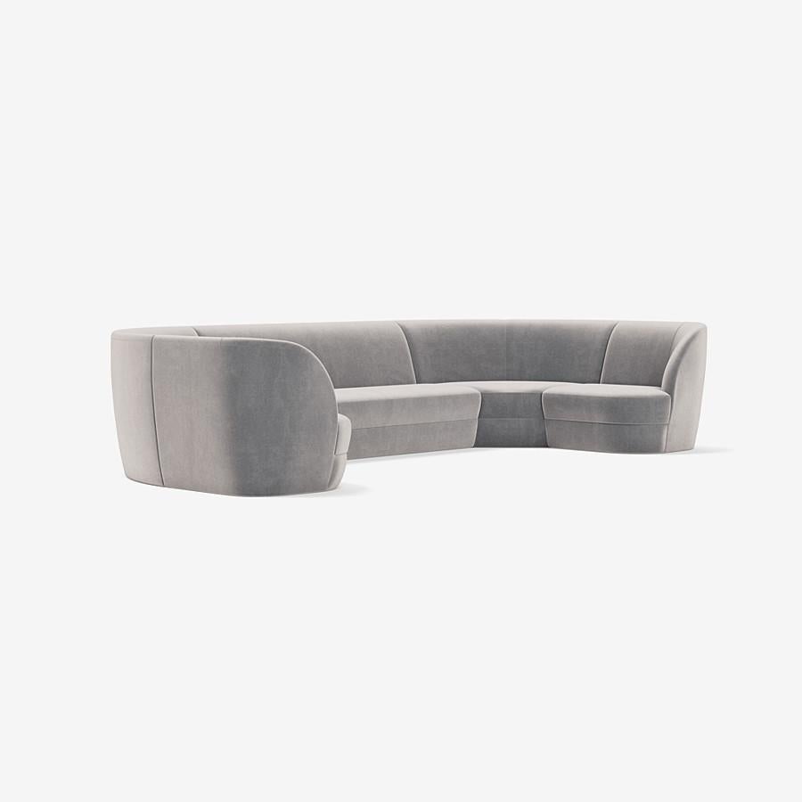 This Lombard Street sectional by Yabu Pushelberg is composed of five modules in a U shape and is upholstered in Bagdat Caddesi, silky, soft pile mohair. Bagdat Caddesi comes in 7 colorways from Italy with a composition of 100% mohair, a weight of