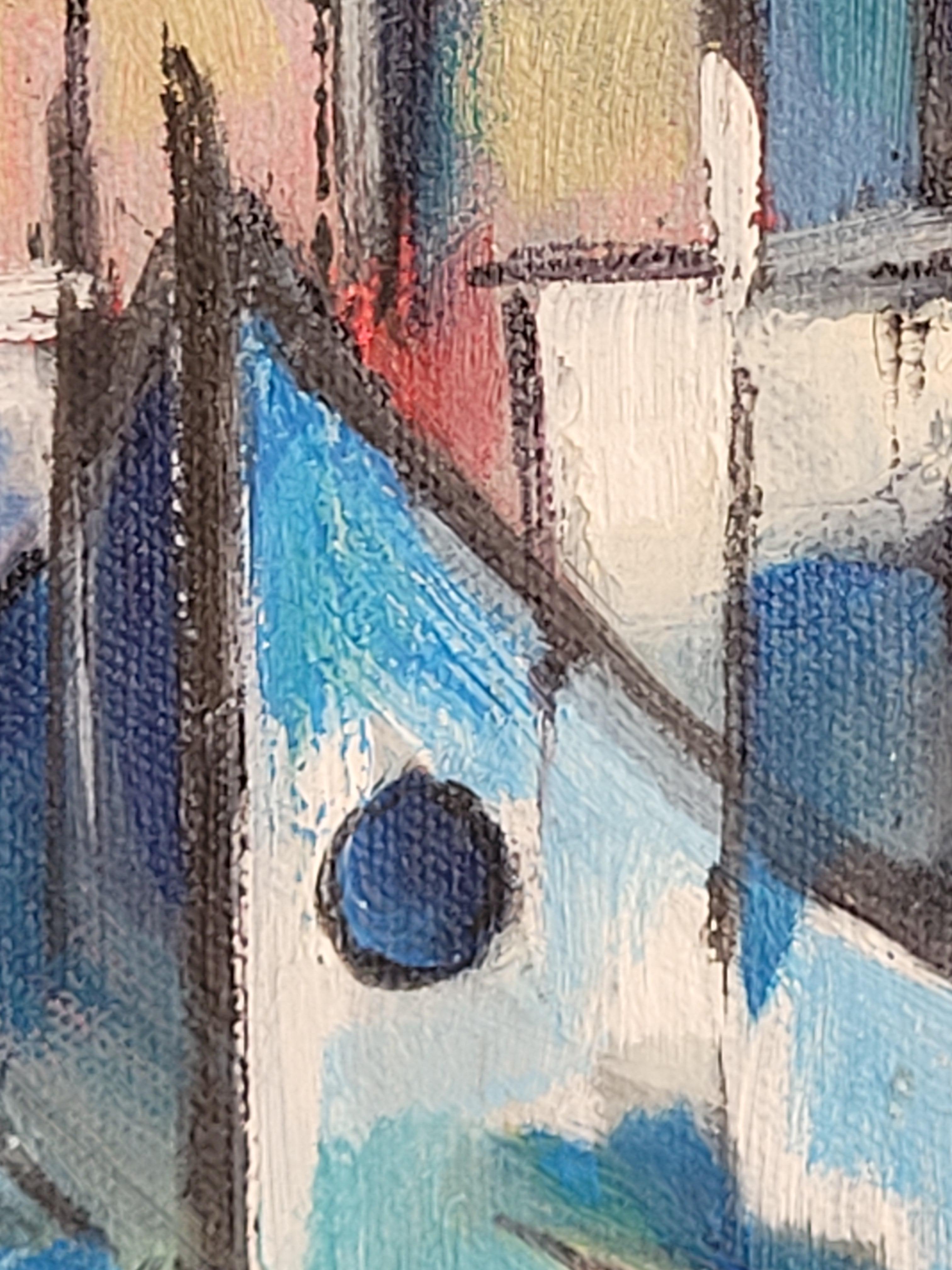 Boote im Hafen. Zeitgenössisches kubistisches Acryl auf Leinwand. im Angebot 5