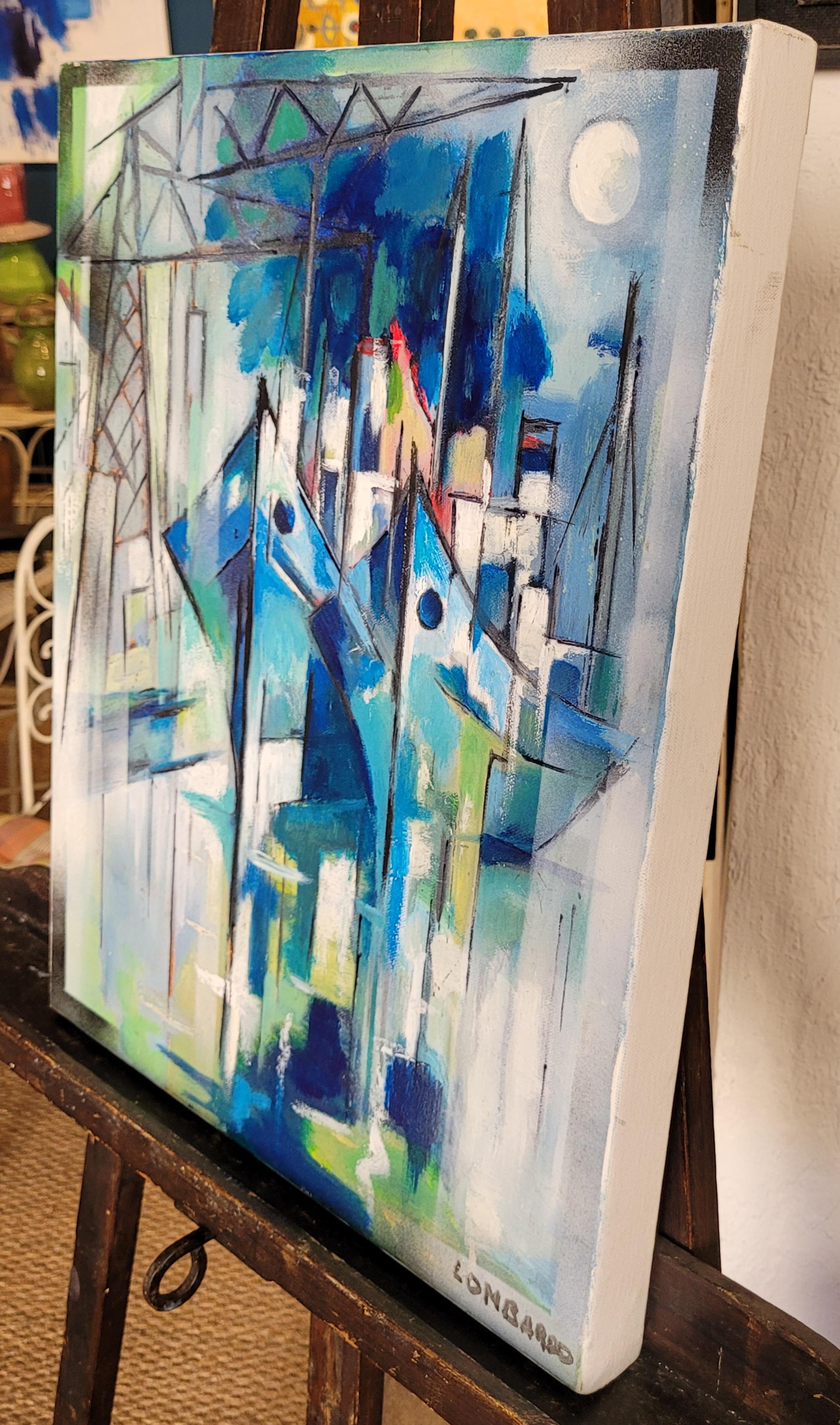 Boote im Hafen. Zeitgenössisches kubistisches Acryl auf Leinwand. im Angebot 8