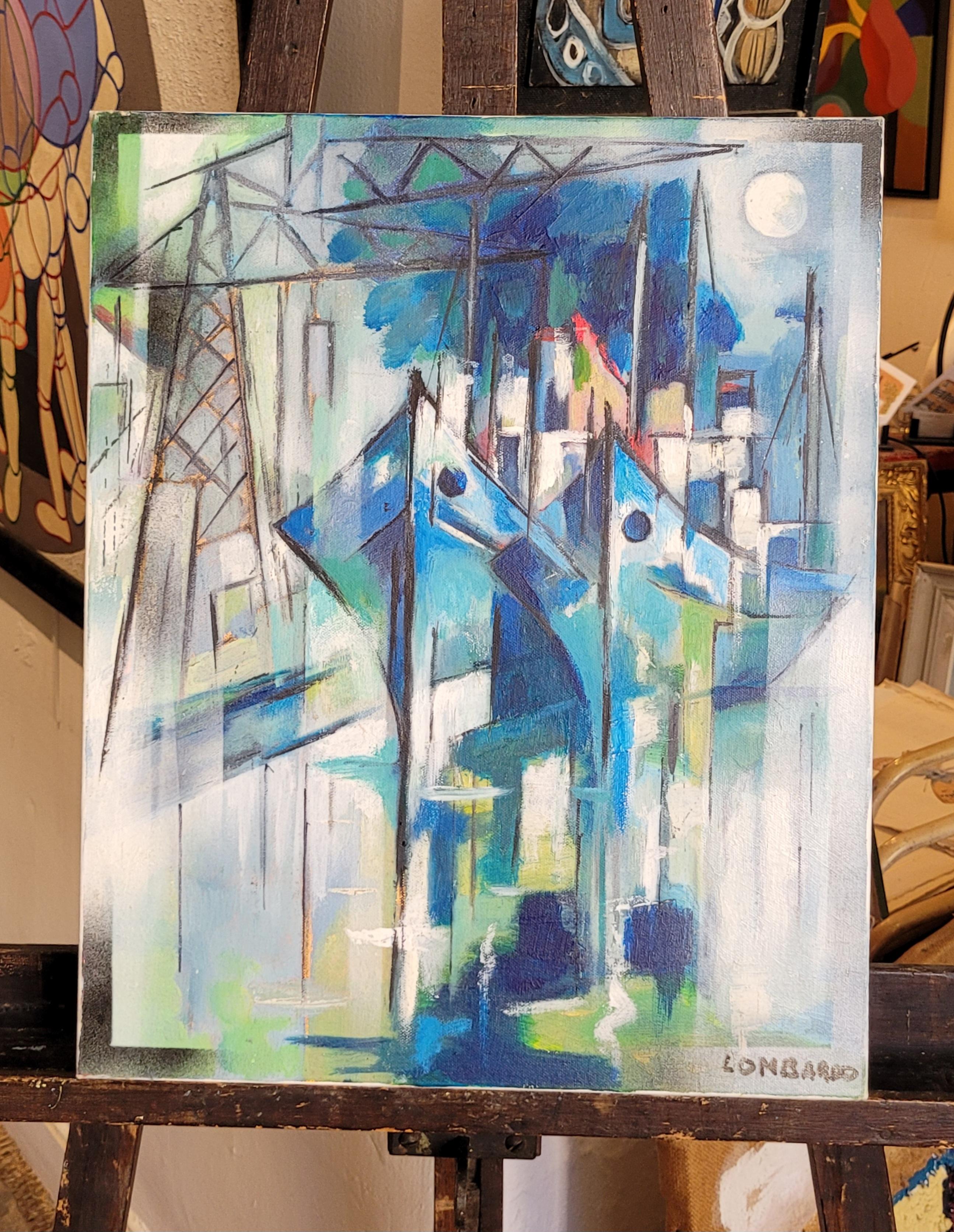 Boote im Hafen. Zeitgenössisches kubistisches Acryl auf Leinwand. im Angebot 9