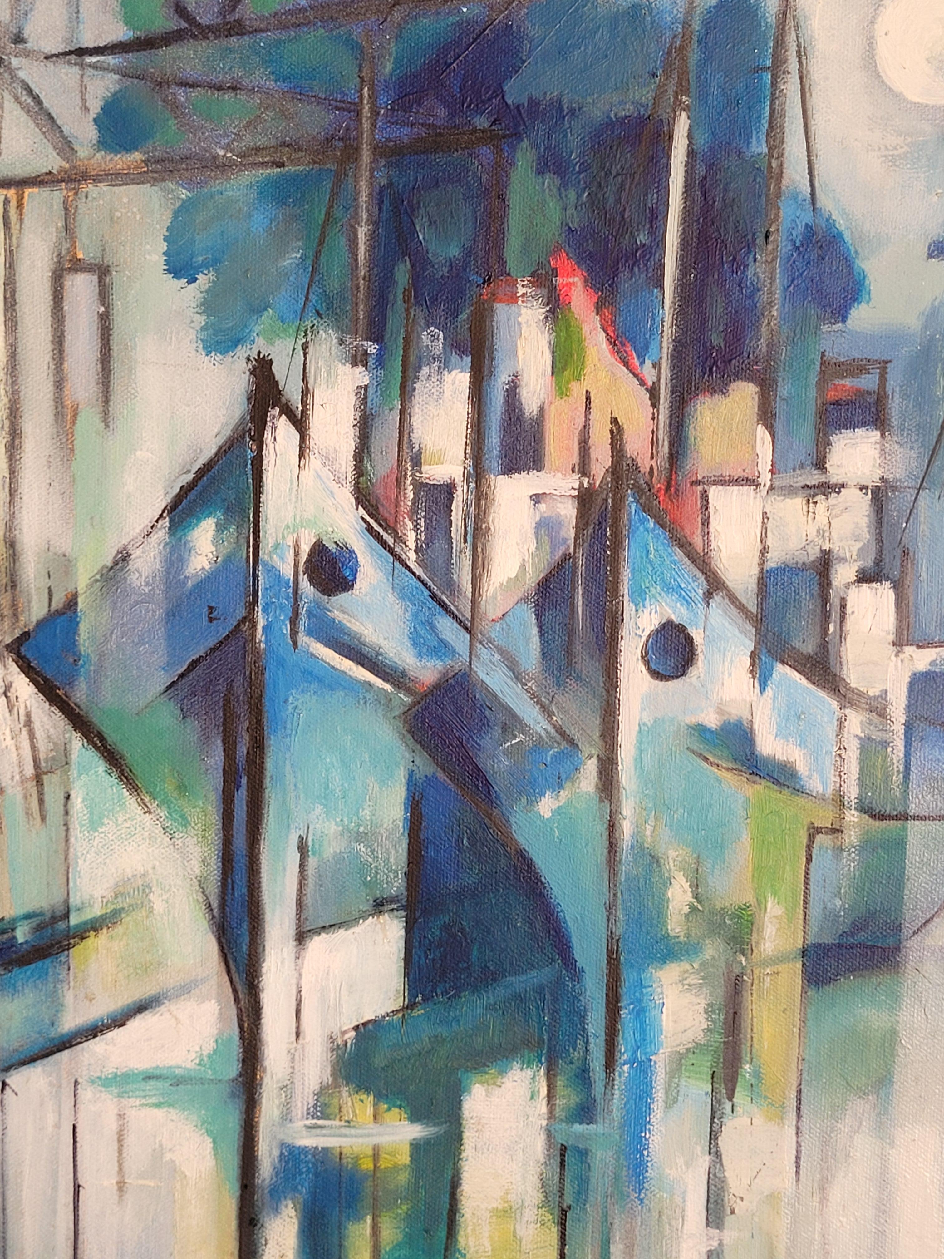 Boote im Hafen. Zeitgenössisches kubistisches Acryl auf Leinwand. – Painting von Lombardo