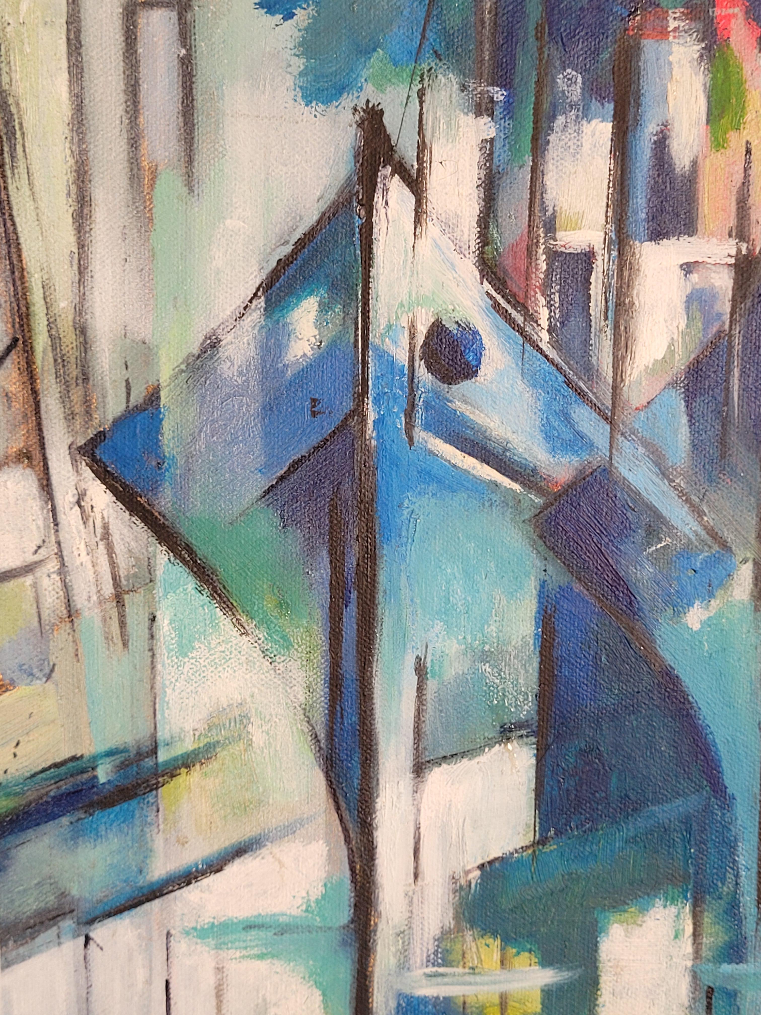 Boote im Hafen. Zeitgenössisches kubistisches Acryl auf Leinwand. (Kubismus), Painting, von Lombardo