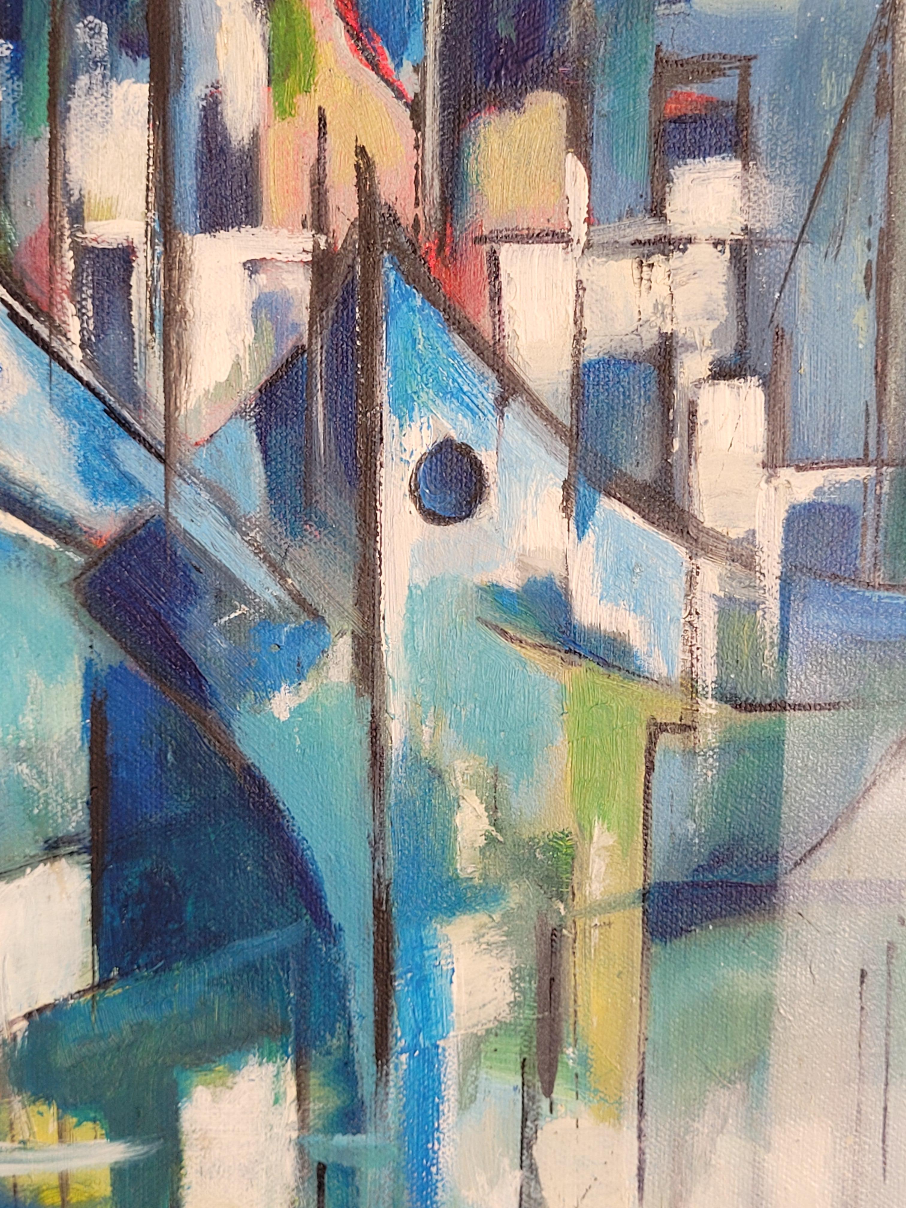 Boote im Hafen. Zeitgenössisches kubistisches Acryl auf Leinwand. (Grau), Landscape Painting, von Lombardo