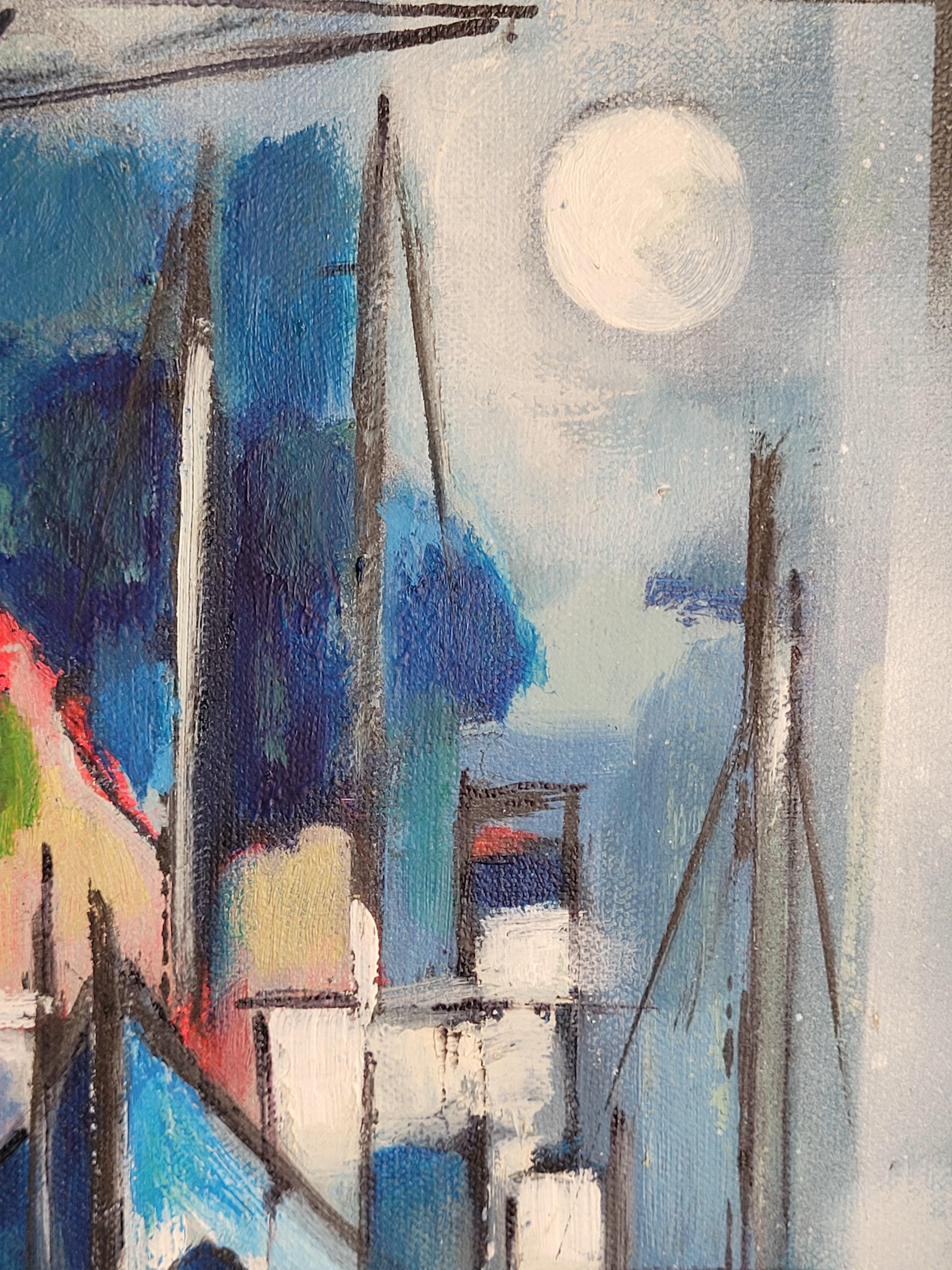 Zeitgenössisches kubistisches Acryl auf Leinwand des französischen Künstlers Lombardo. Signiert unten rechts. 

Dieses Kunstwerk fängt meisterhaft eine abstrakte maritime Szene ein, die durch lebendige geometrische Formen und eine überwiegend blaue