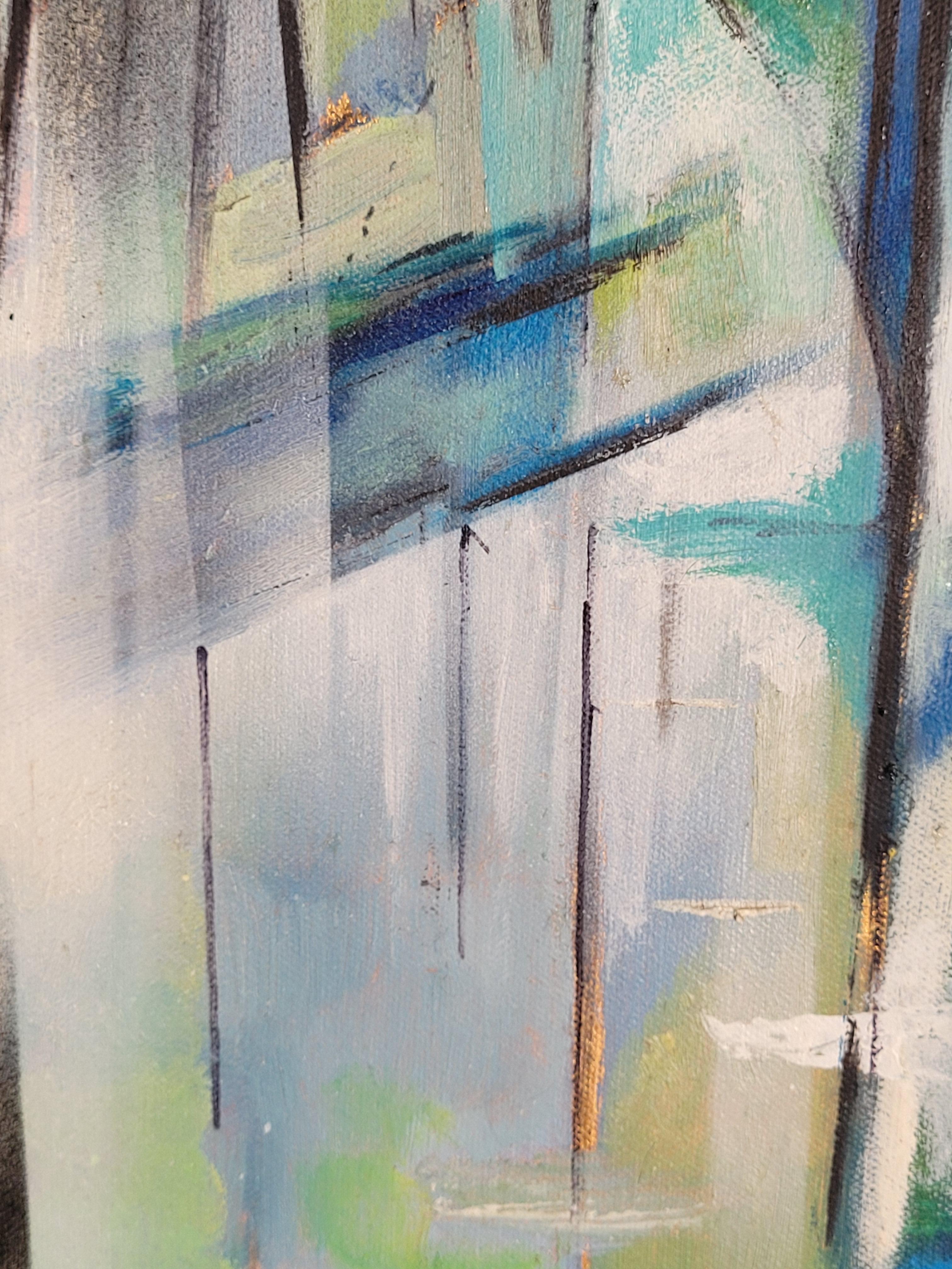 Boote im Hafen. Zeitgenössisches kubistisches Acryl auf Leinwand. im Angebot 2