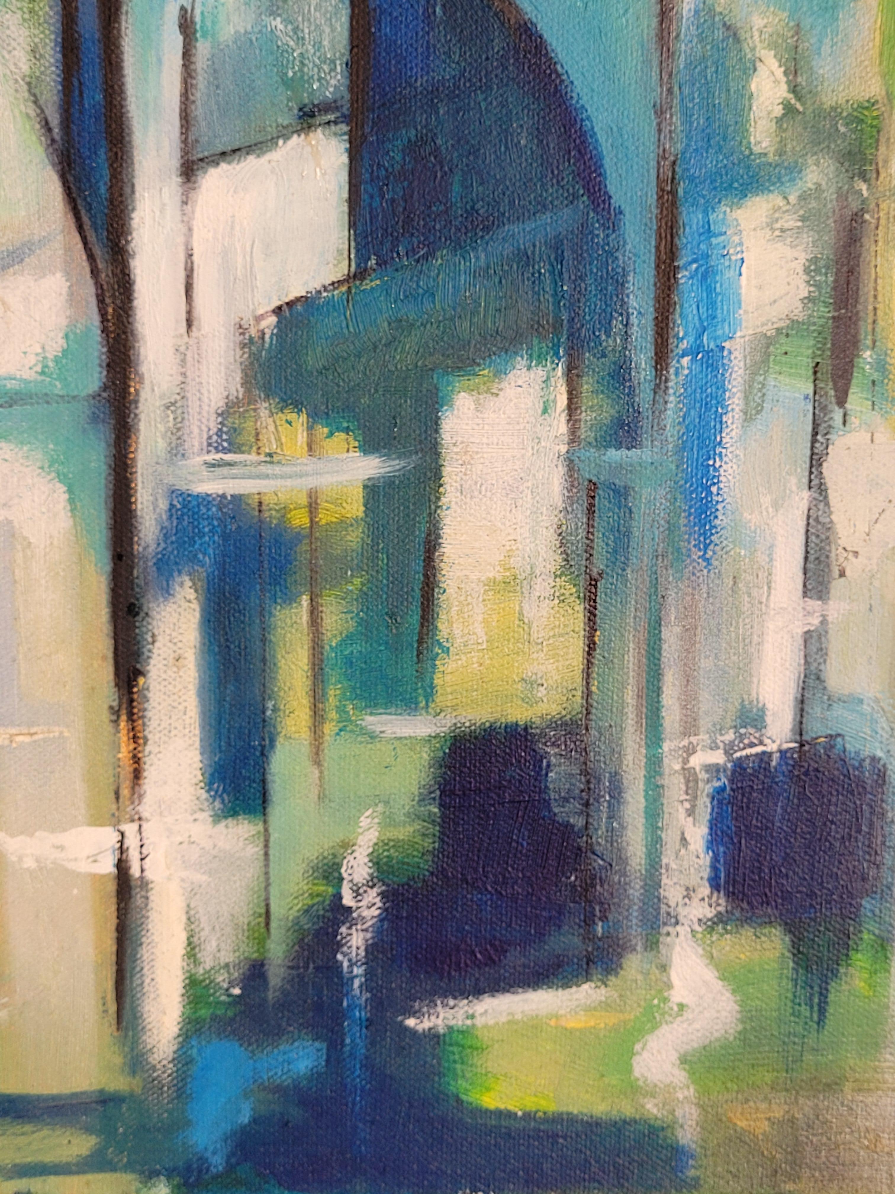 Boote im Hafen. Zeitgenössisches kubistisches Acryl auf Leinwand. im Angebot 3