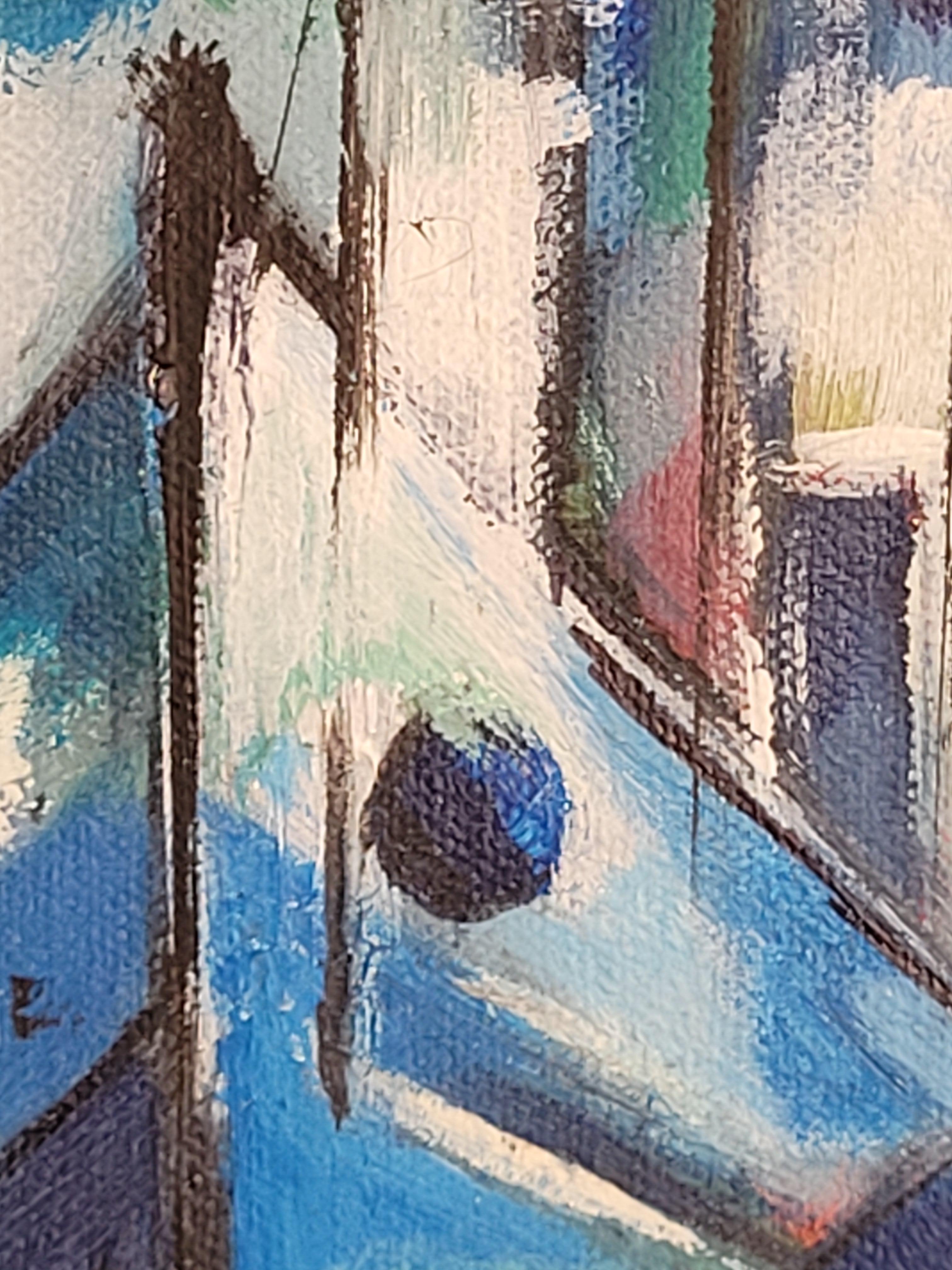 Boote im Hafen. Zeitgenössisches kubistisches Acryl auf Leinwand. im Angebot 4