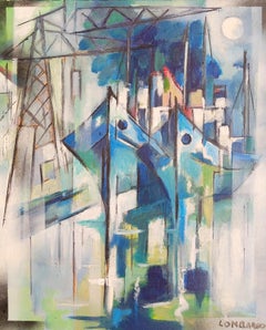Boats in harbour. Contemporary Cubist Acrylic on Canvas.