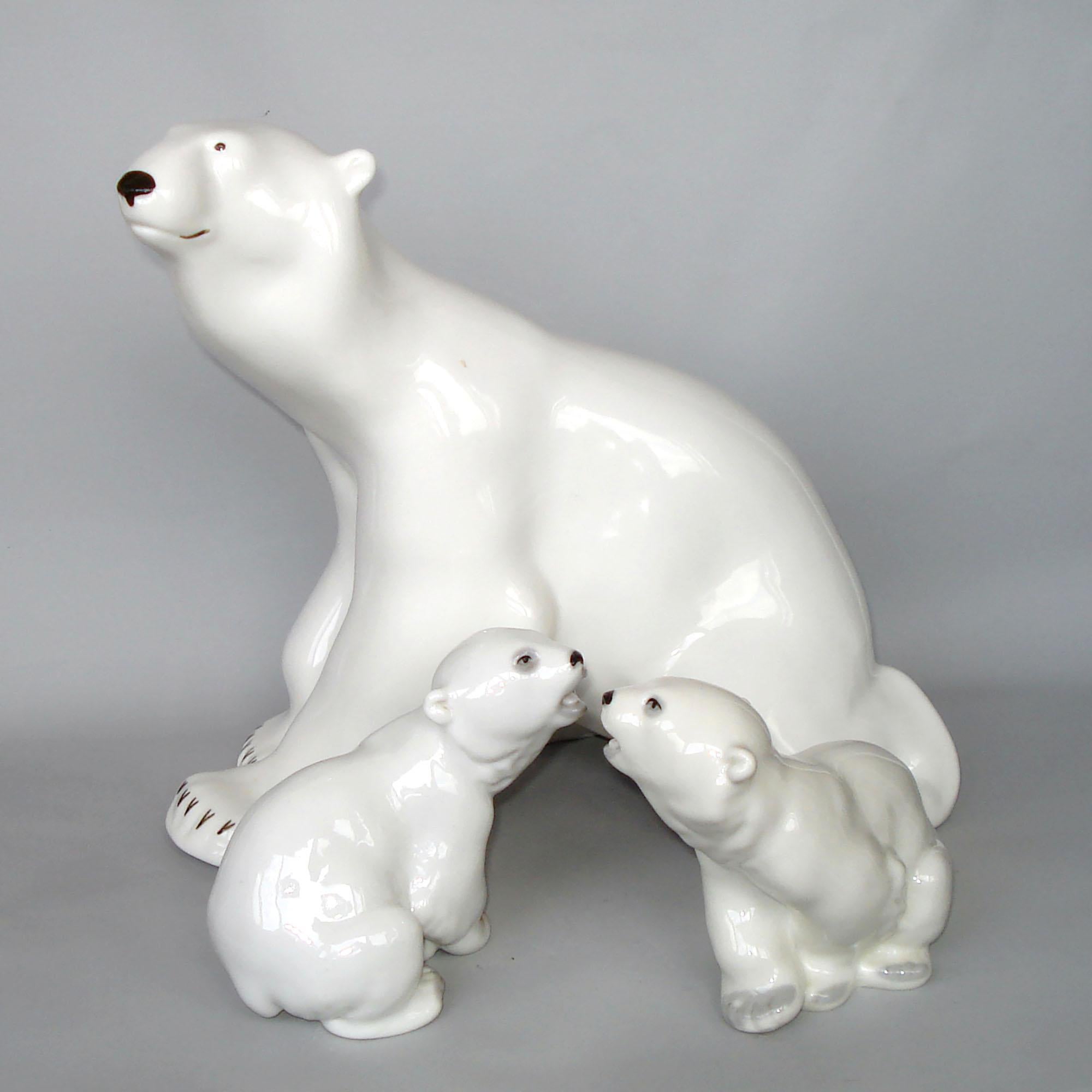 Russian Lomonosov, 1960s, Porcelain Polar Bear and Two Cubs For Sale