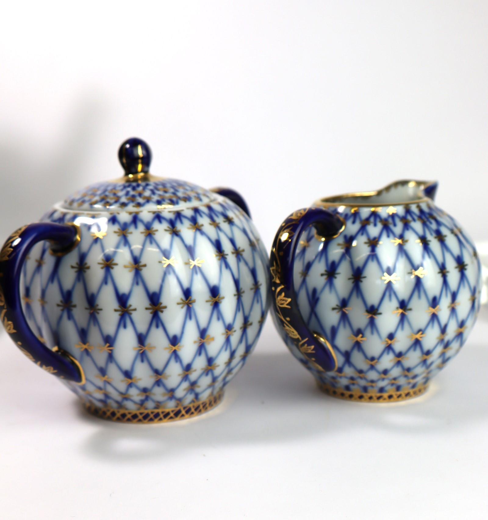 Hand-Painted Lomonosov imperial tulip cobalt porcelain teaset  22 items