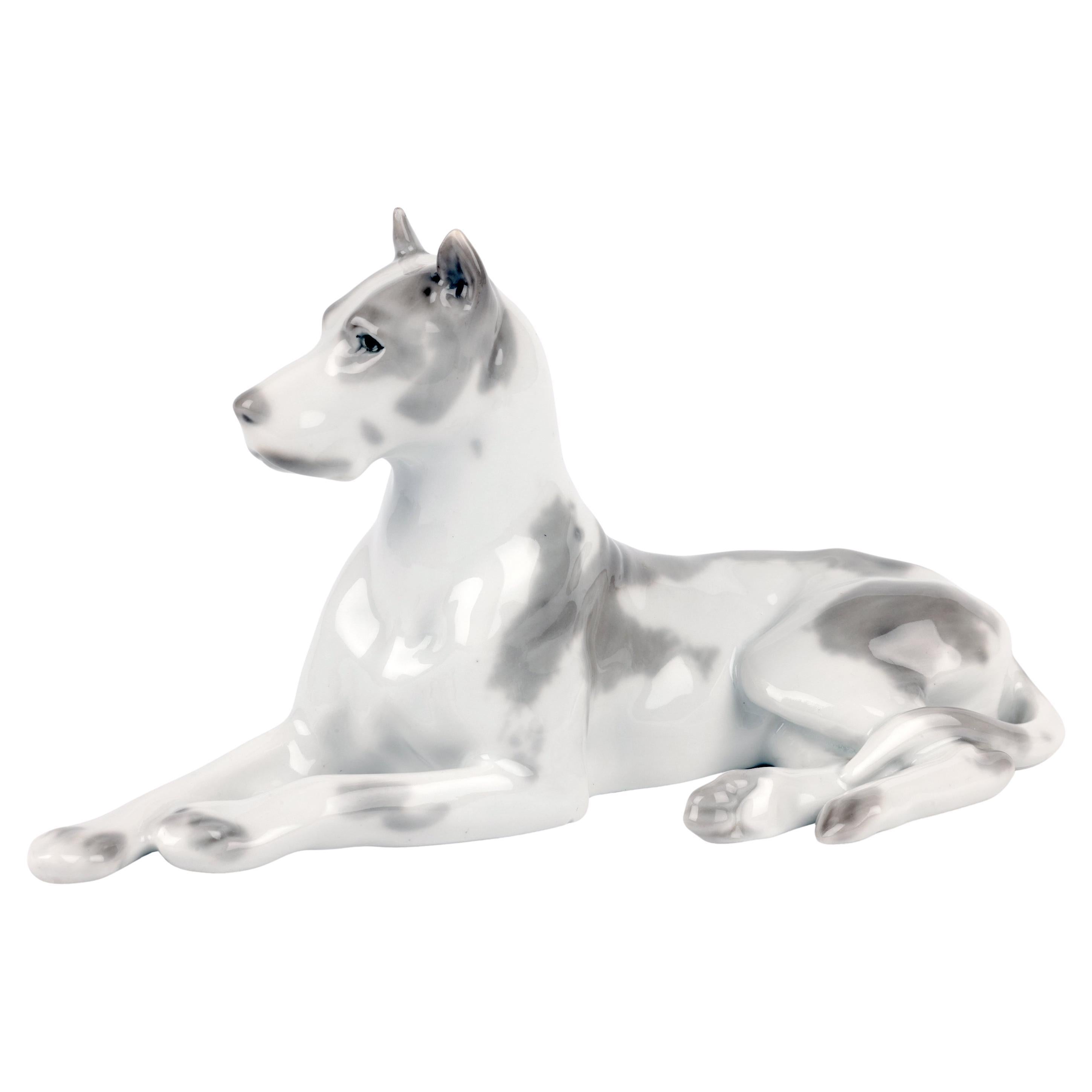 Lomonosov Porcelain Figur eines liegenden Hundes, Mitte des Jahrhunderts, handbemalt