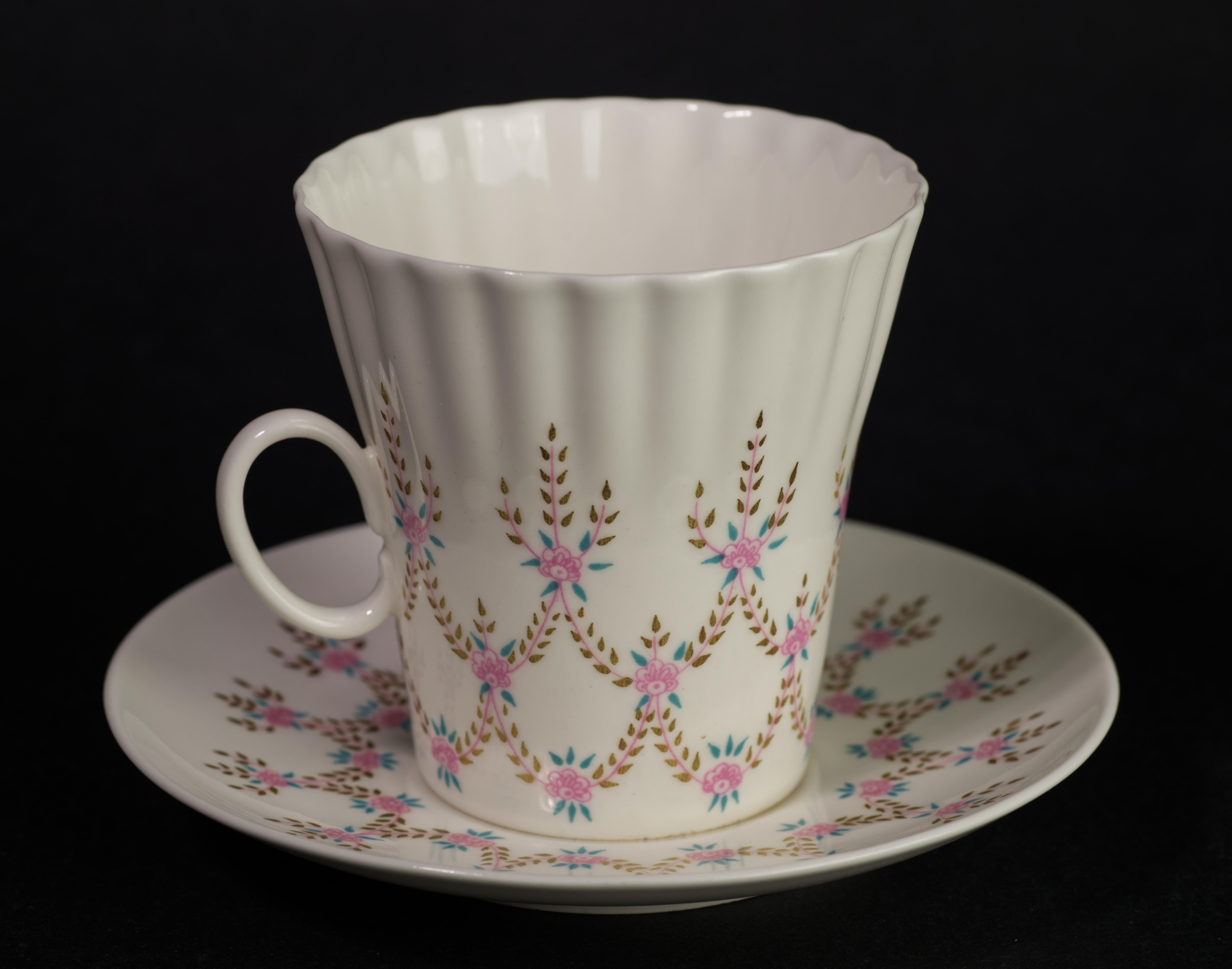 Victorian Lomonosov Porcelain Cup and Saucer Set, Teal, Pink, and Gold
