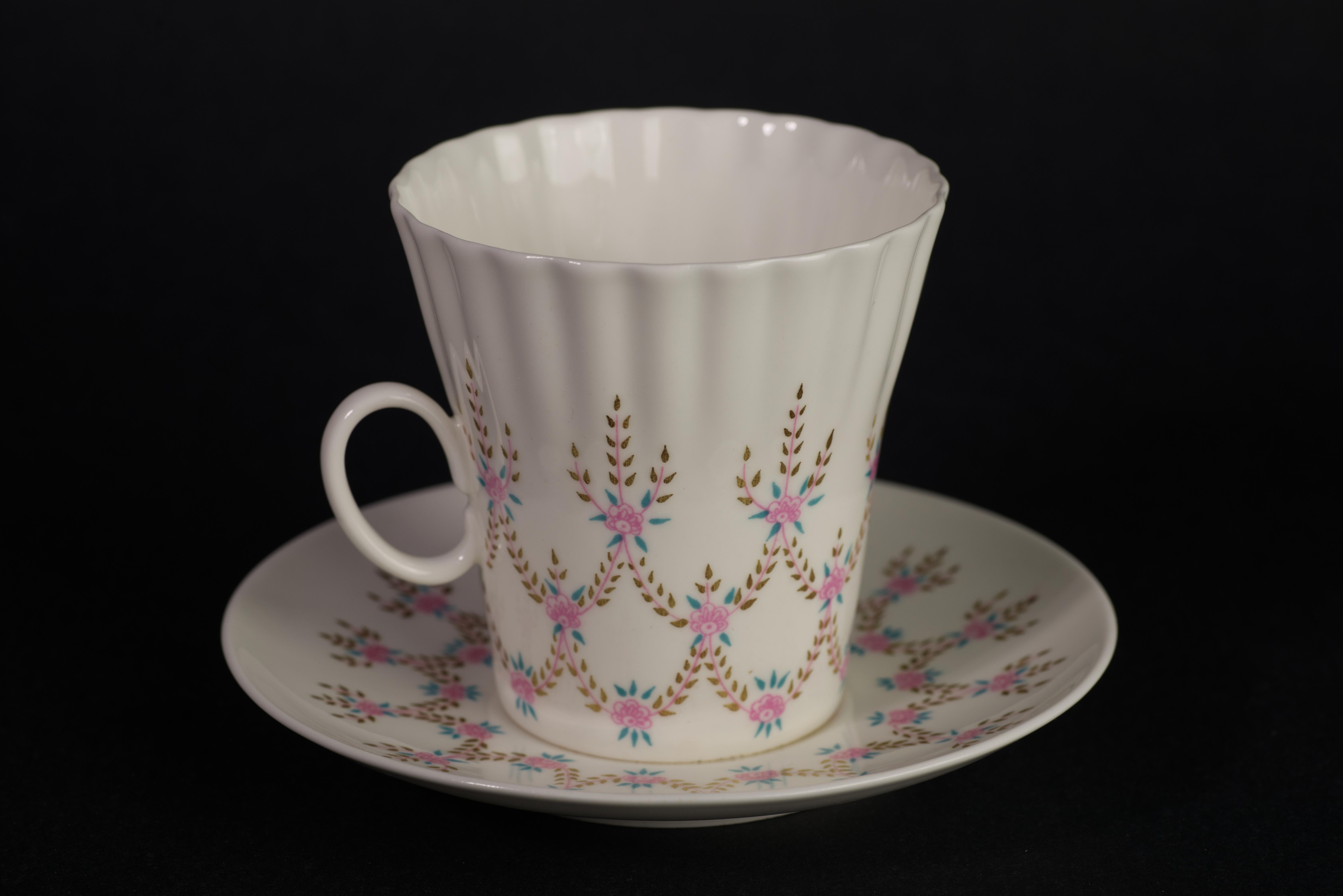 Russian Lomonosov Porcelain Cup and Saucer Set, Teal, Pink, and Gold