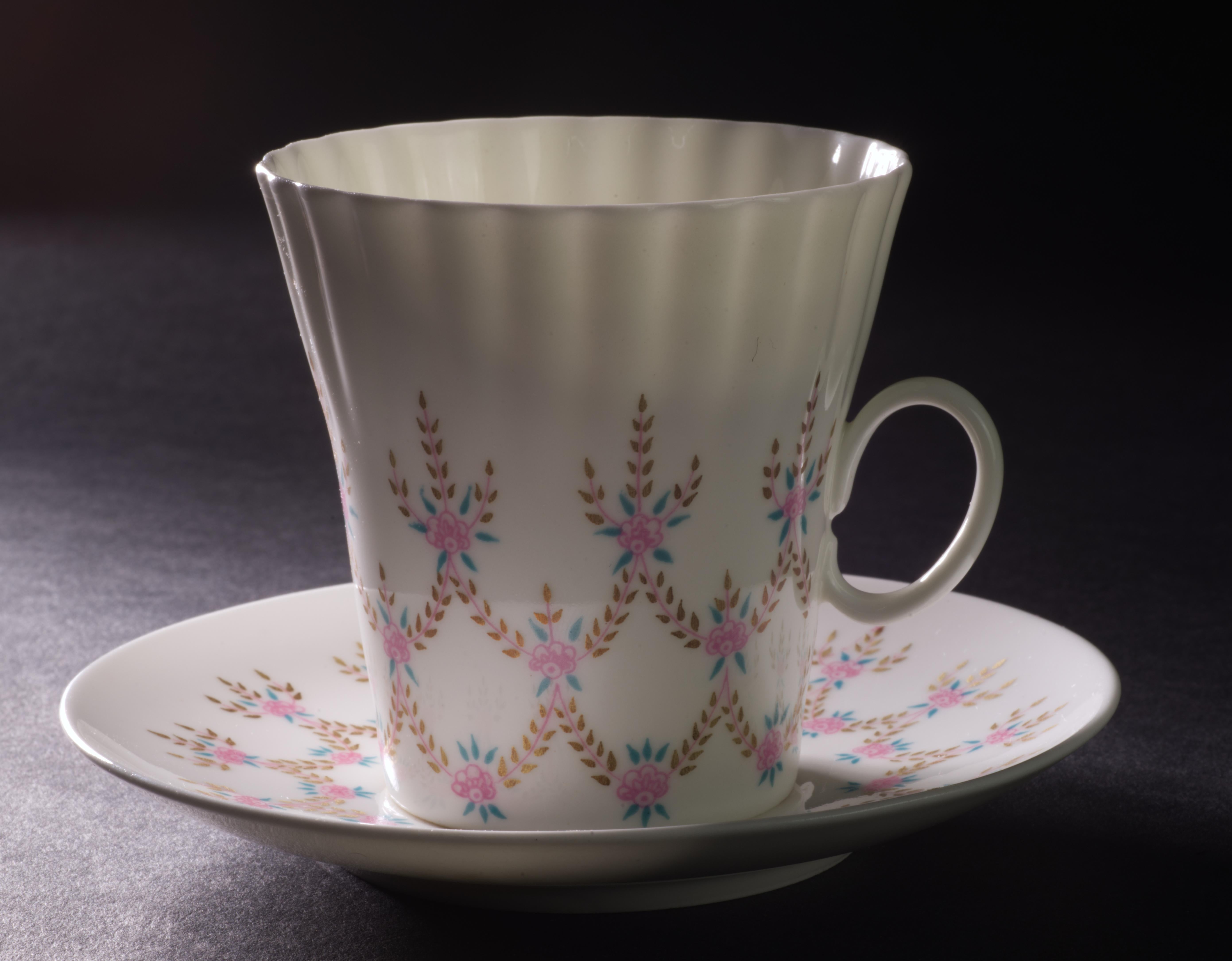 Glazed Lomonosov Porcelain Cup and Saucer Set, Teal, Pink, and Gold