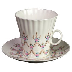 Vintage Lomonosov Porcelain Cup and Saucer Set, Teal, Pink, and Gold