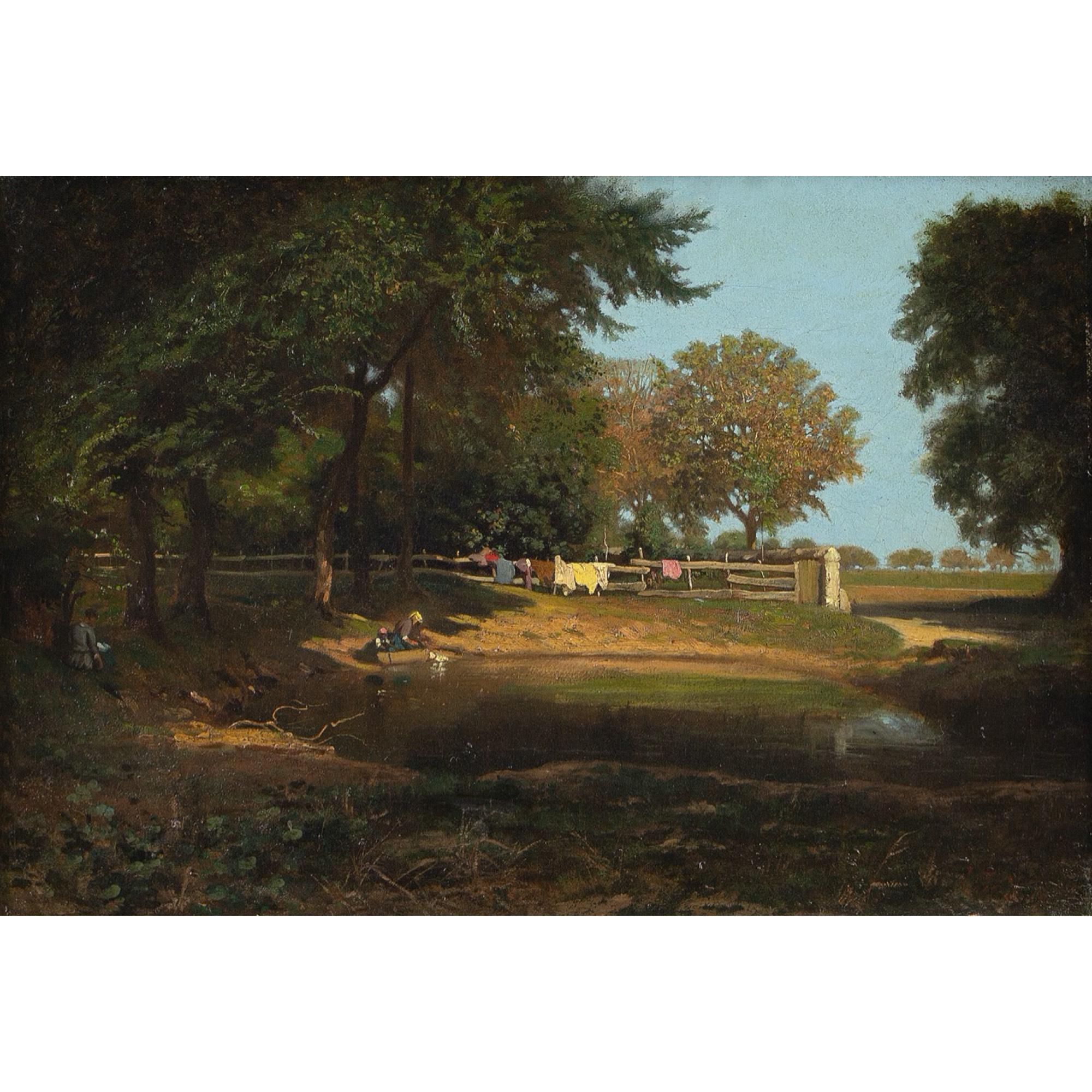 Léon Adolphe Belly, Vue d'un bois avec étang, peinture à l'huile en vente 1