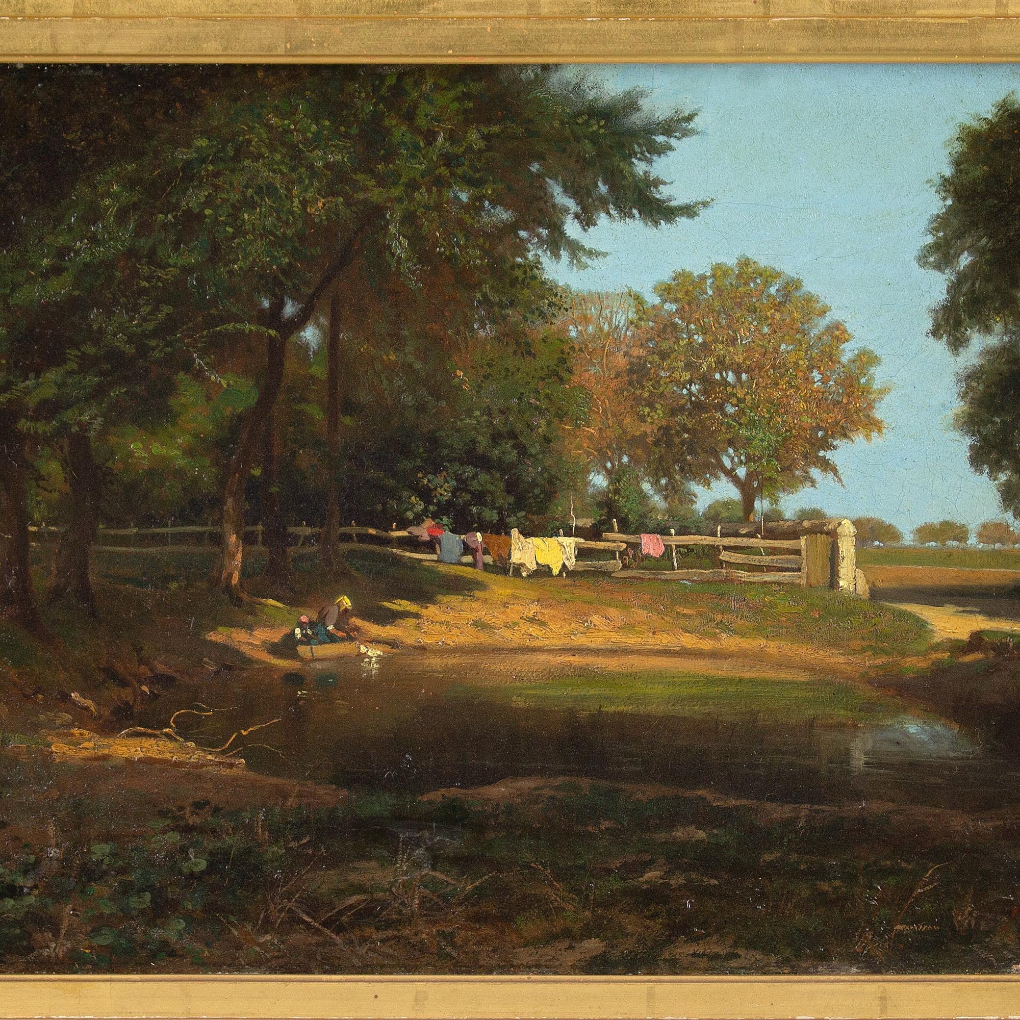 Léon Adolphe Belly, Vue d'un bois avec étang, peinture à l'huile en vente 2