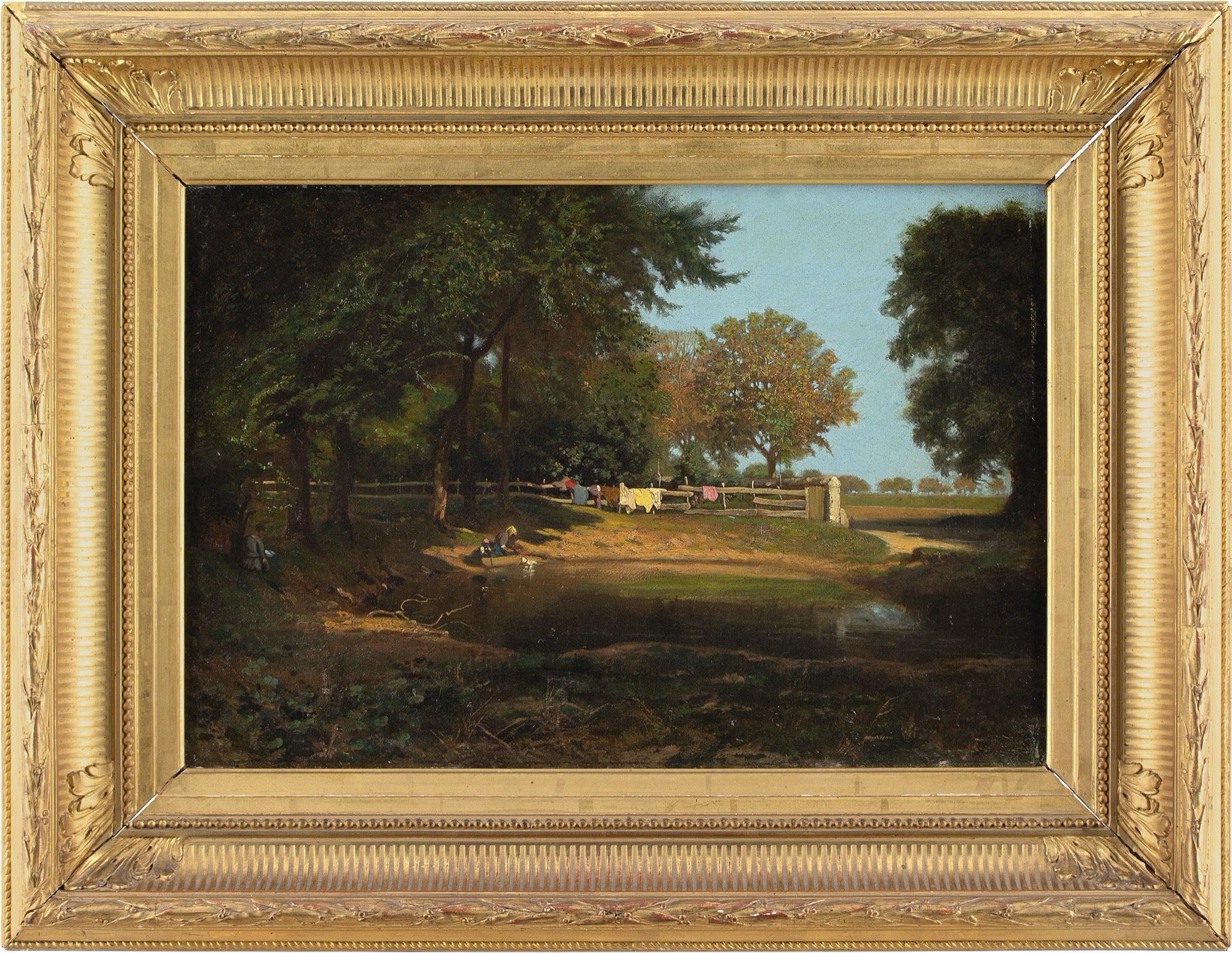 Cette peinture à l'huile du XIXe siècle de l'artiste français Léon Adolphe Belly (1827-1877) représente une vue de forêt avec un étang et des femmes en train de laver du linge. Il s'agit d'une représentation douce, très éloignée de ses grandes