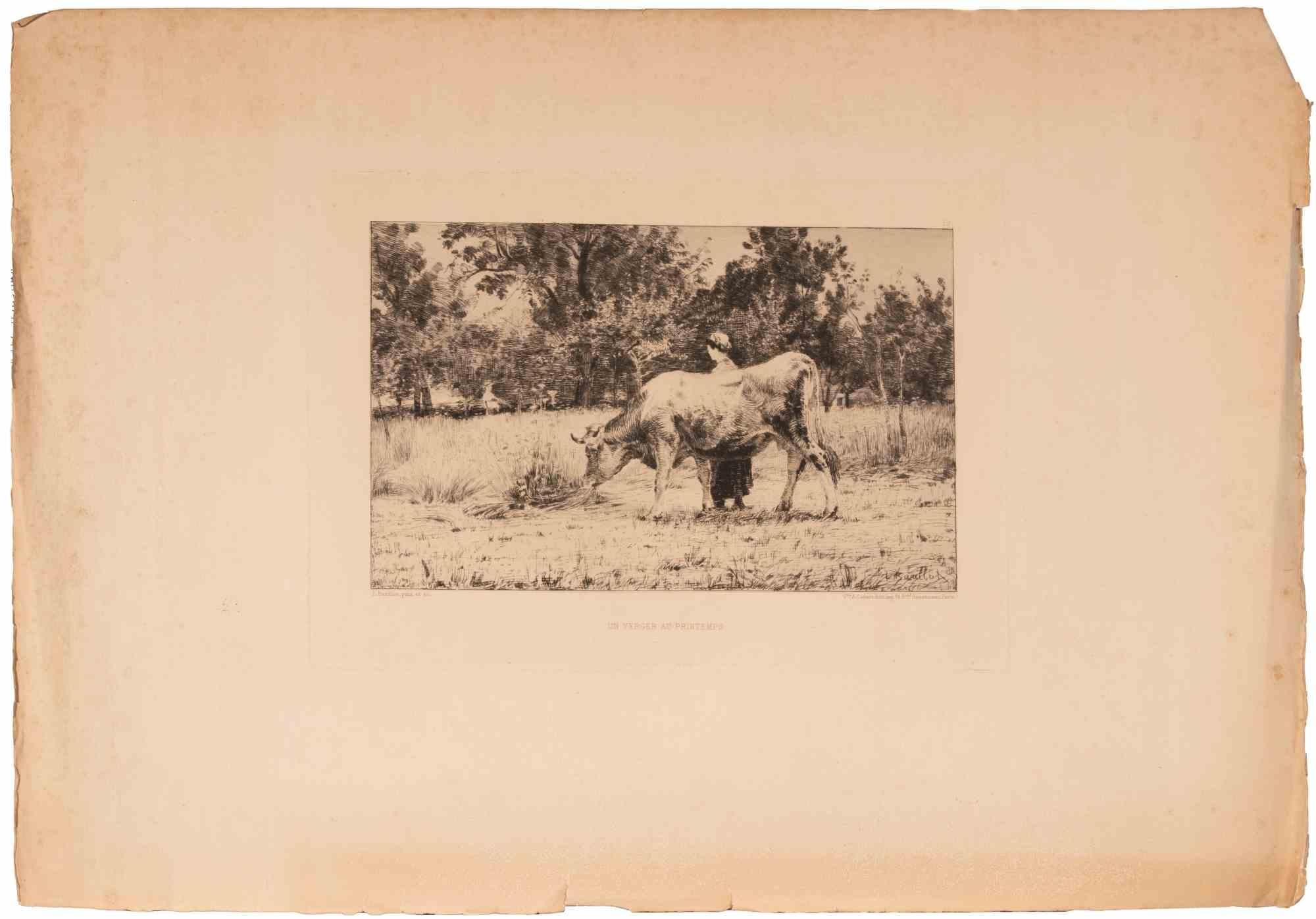 Etching on laid paper.

Signed in the plate lower right, titled in the lower margin.

This finely executed etching by Léon Barillot, a French painter and engraver celebrated for his pastoral subjects and animal studies, depicts a tranquil rural