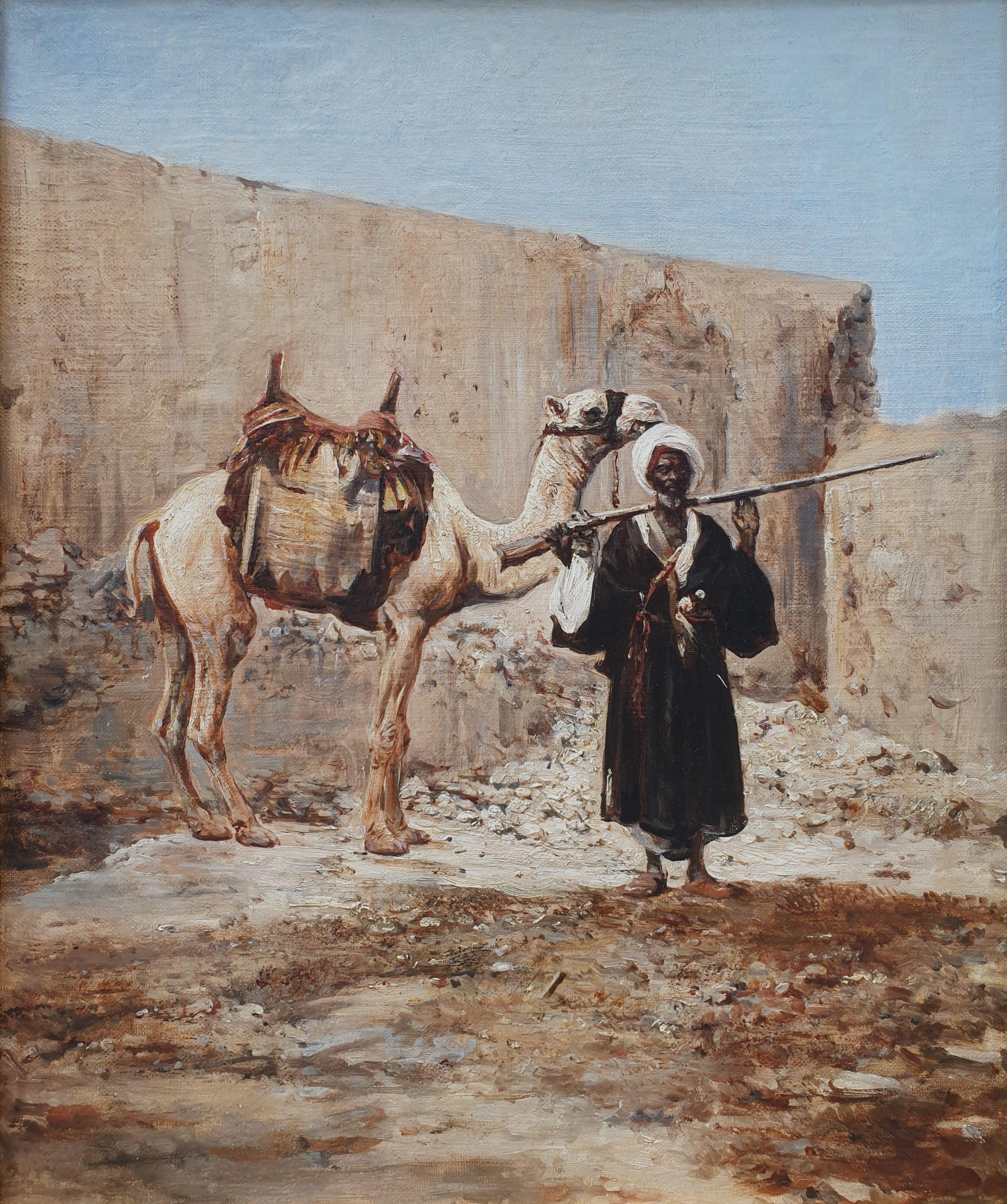 BELLY Camel Arab Soldier orientalist naturalist french painting 19th  - Painting by Léon BELLY
