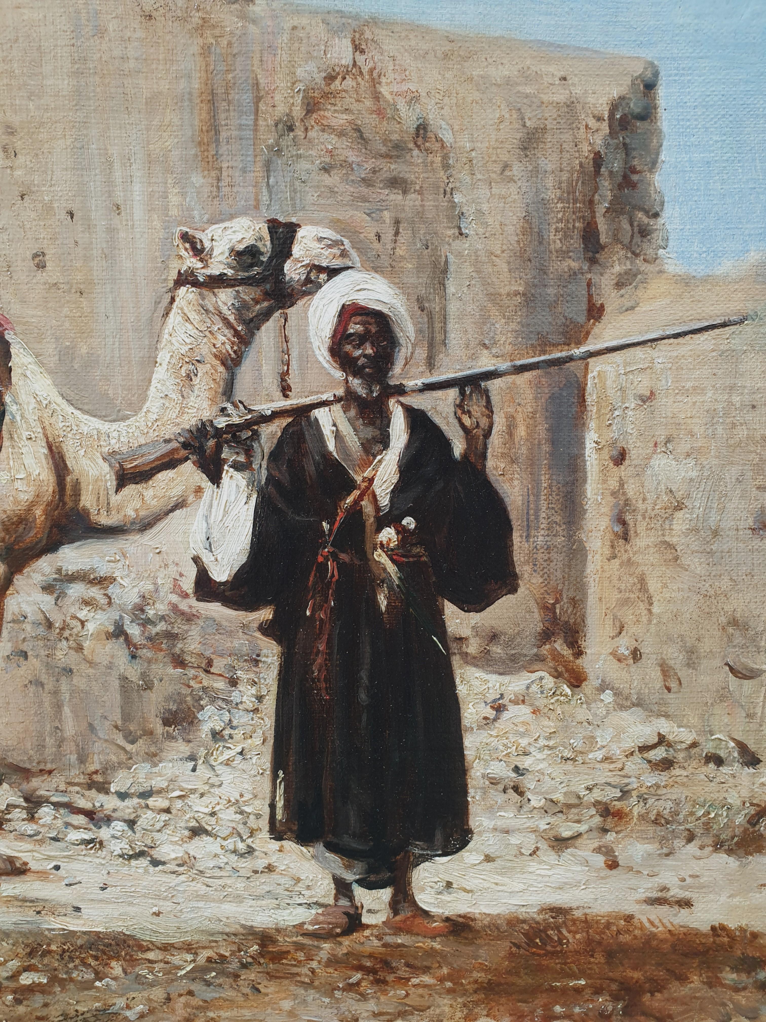 BELLY Camel Arab Soldier orientalist naturalist french painting 19th  - Naturalistic Painting by Léon BELLY