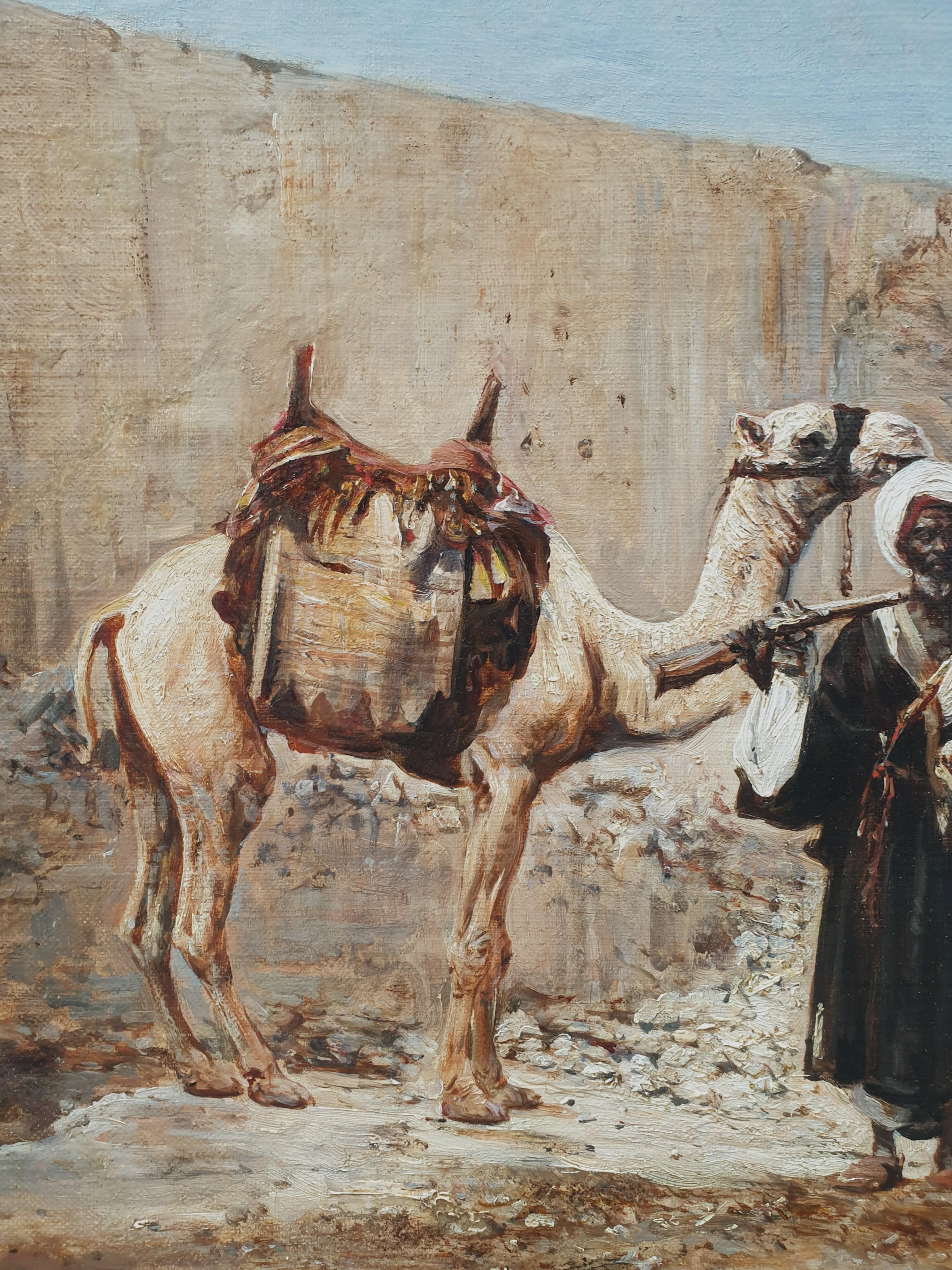 BELLY Camel Arab Soldier orientalist naturalist french painting 19th  - Brown Figurative Painting by Léon BELLY