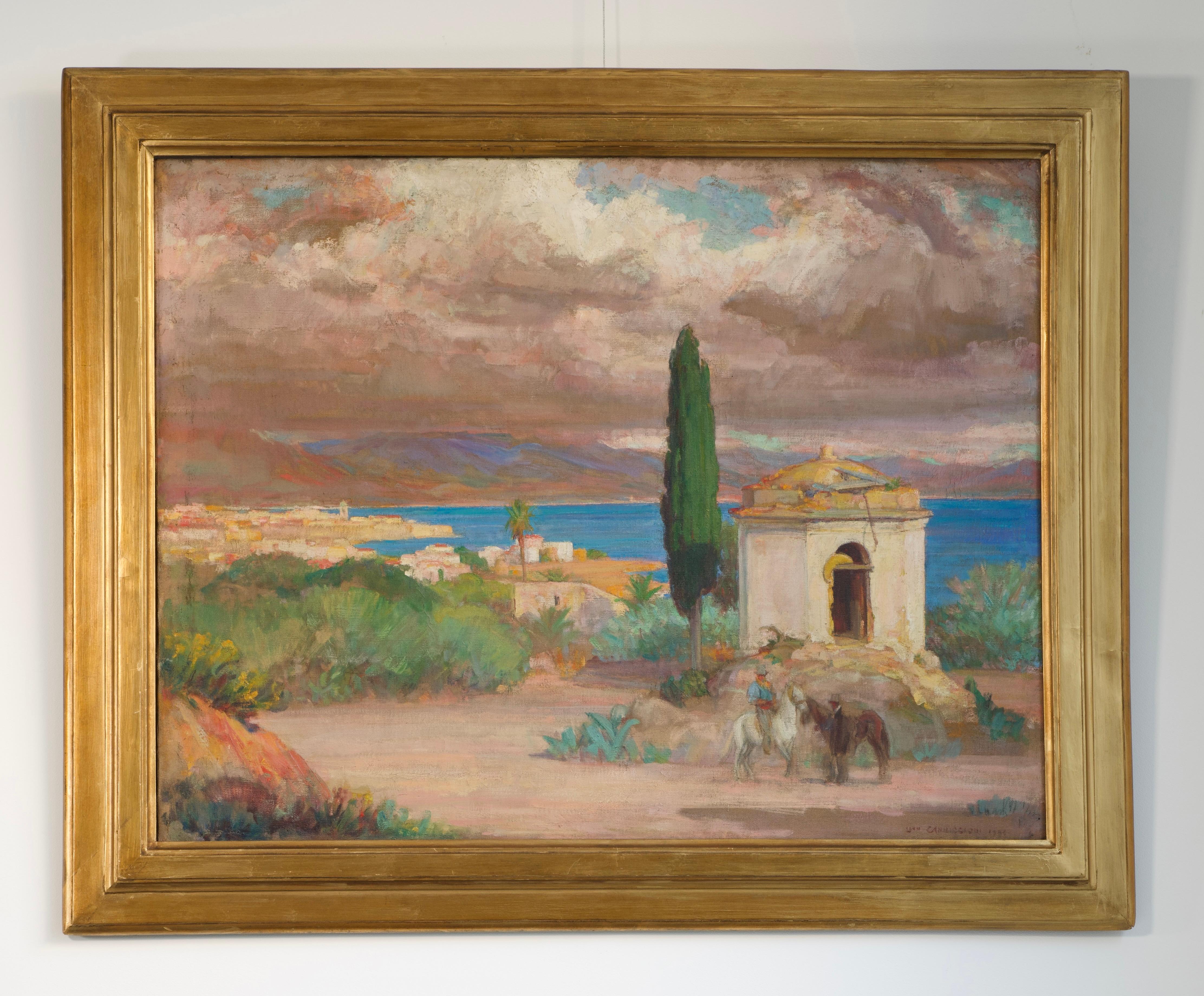 Léon Charles Canniccioni Animal Painting – Vue de la baie d'Ajaccio (Corse), huile sur toile, tableau de Léon Canniccioni